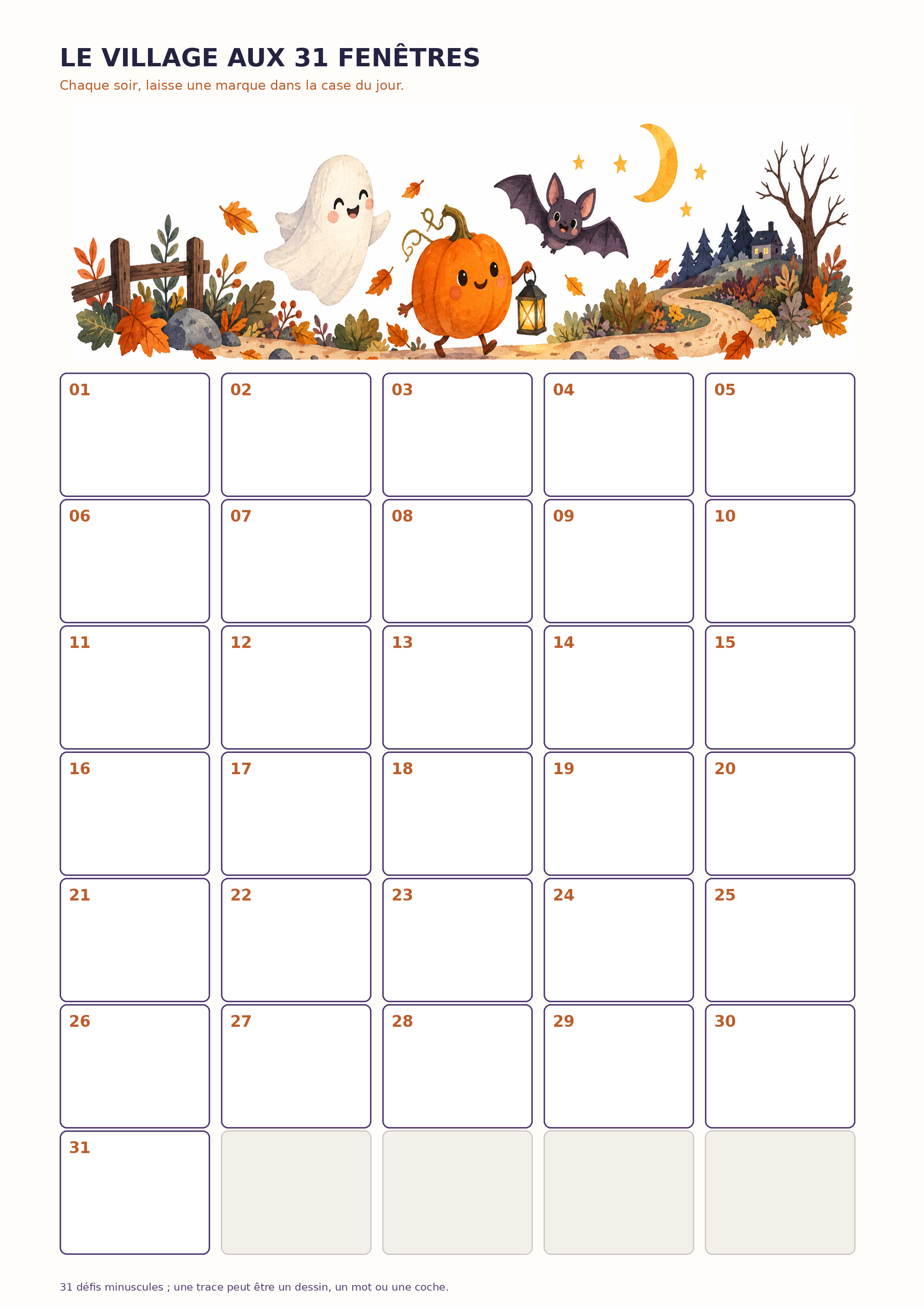le village aux 31 fenêtres du calendrier Halloween, prêt à imprimer