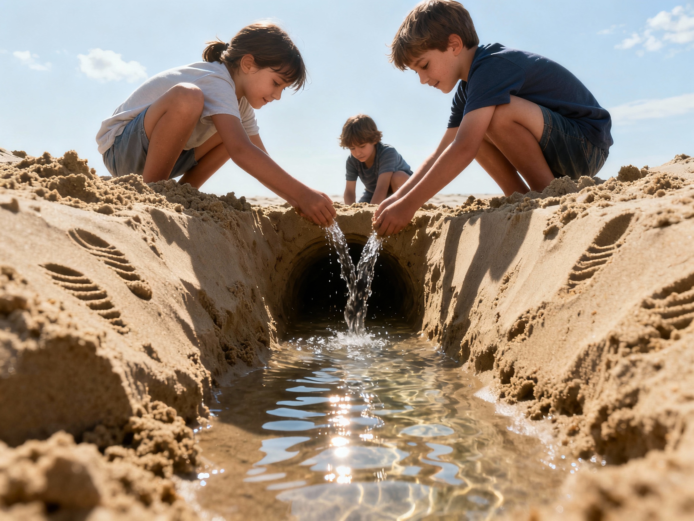 Jeux d'eau et de sable : canal et rivière éphémère Enfants créant un canal d'eau dans le sable