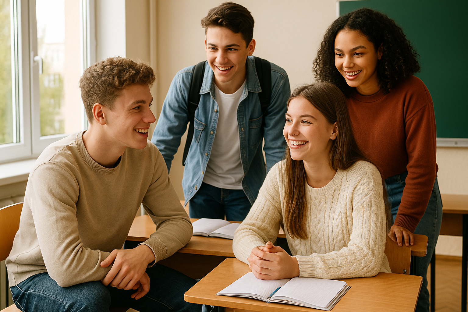 Quatre lycéens souriants autour d'un bureau, prêts à relever un défi