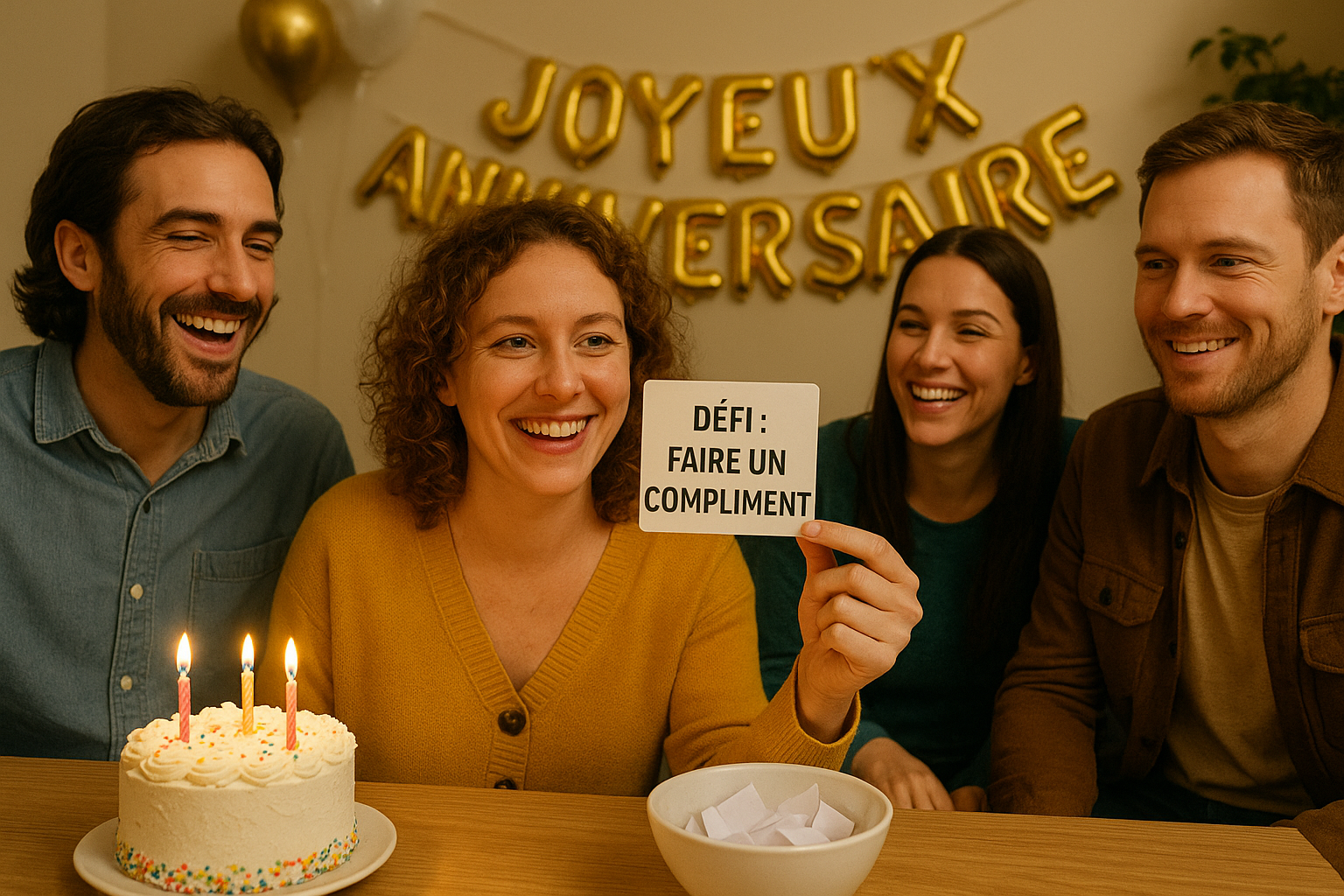 Amis fêtant un anniversaire, carte défi : faire un compliment