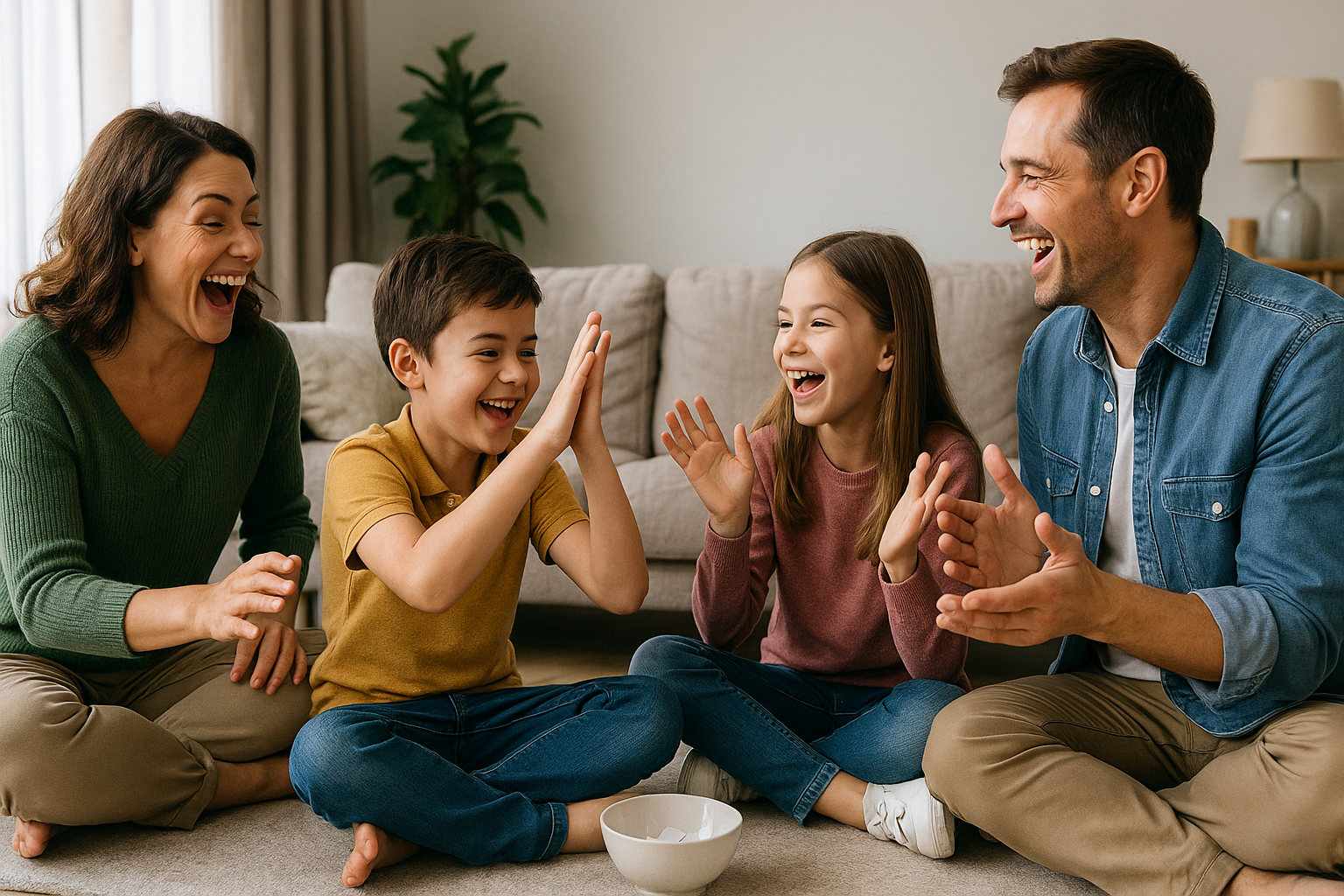 Famille jouant à cap ou pas cap assise sur un tapis, ambiance conviviale