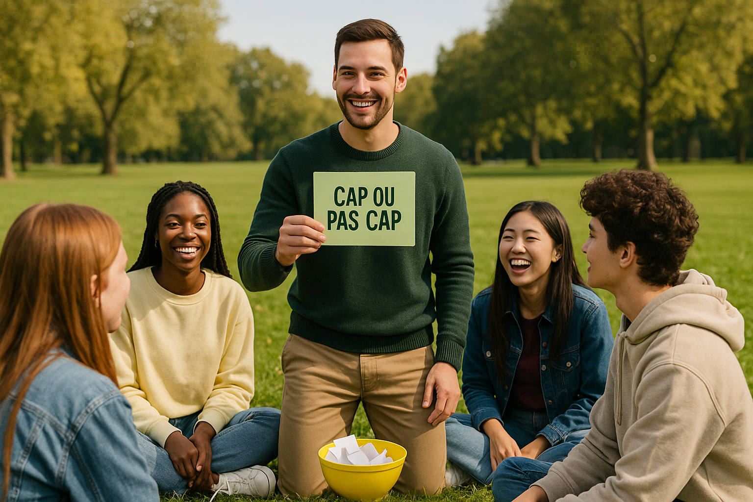 Groupe de jeunes jouant à cap ou pas cap dans un parc ensoleillé, tirage de défis