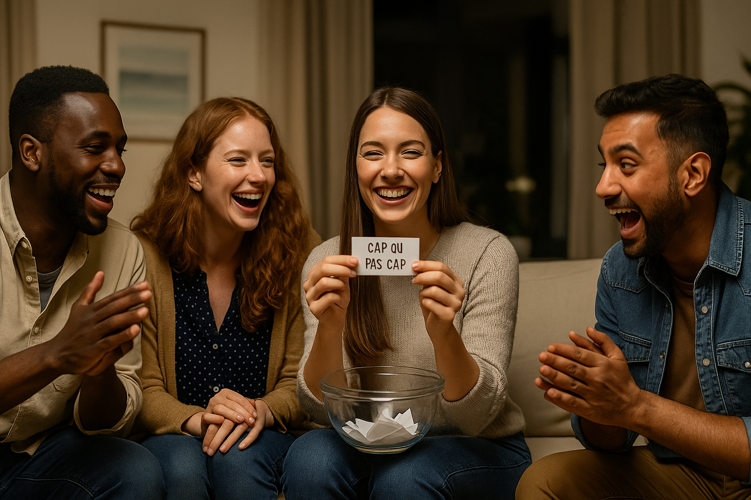 Groupe d'amis jouant à cap ou pas cap dans un salon, tirage au sort des défis