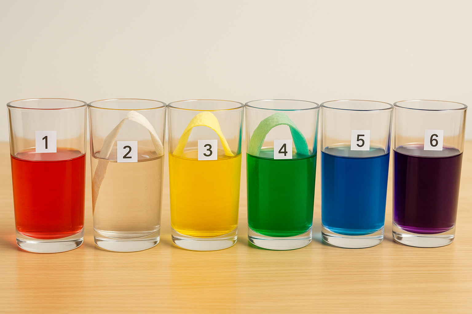 Six verres reliés par des bandes d’essuie-tout illustrant un arc-en-ciel : rouge, orange, jaune, vert, bleu, violet.