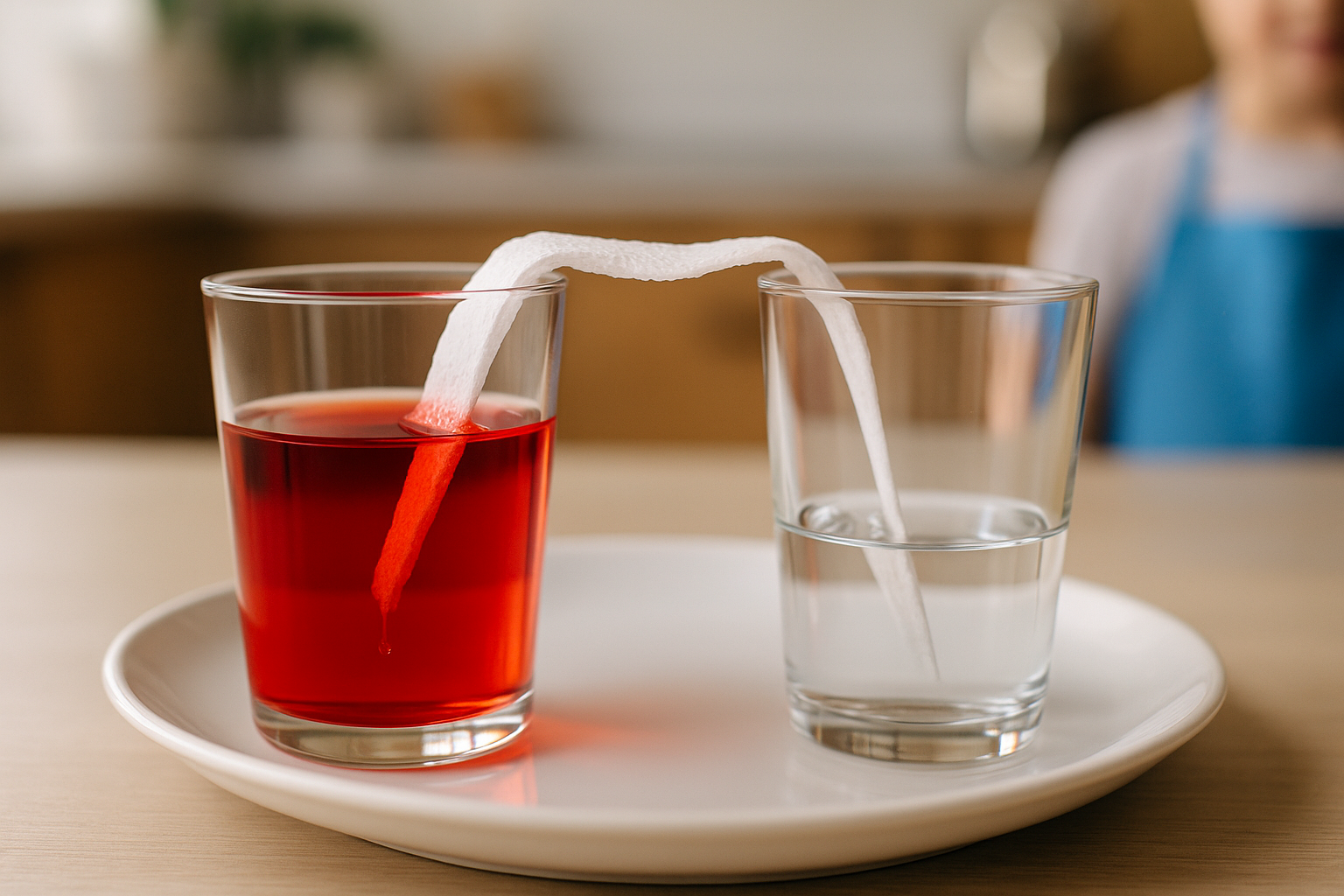 Pont capillaire : deux verres reliés par une bande d’essuie-tout, l’eau colorée passe d’un verre à l’autre.