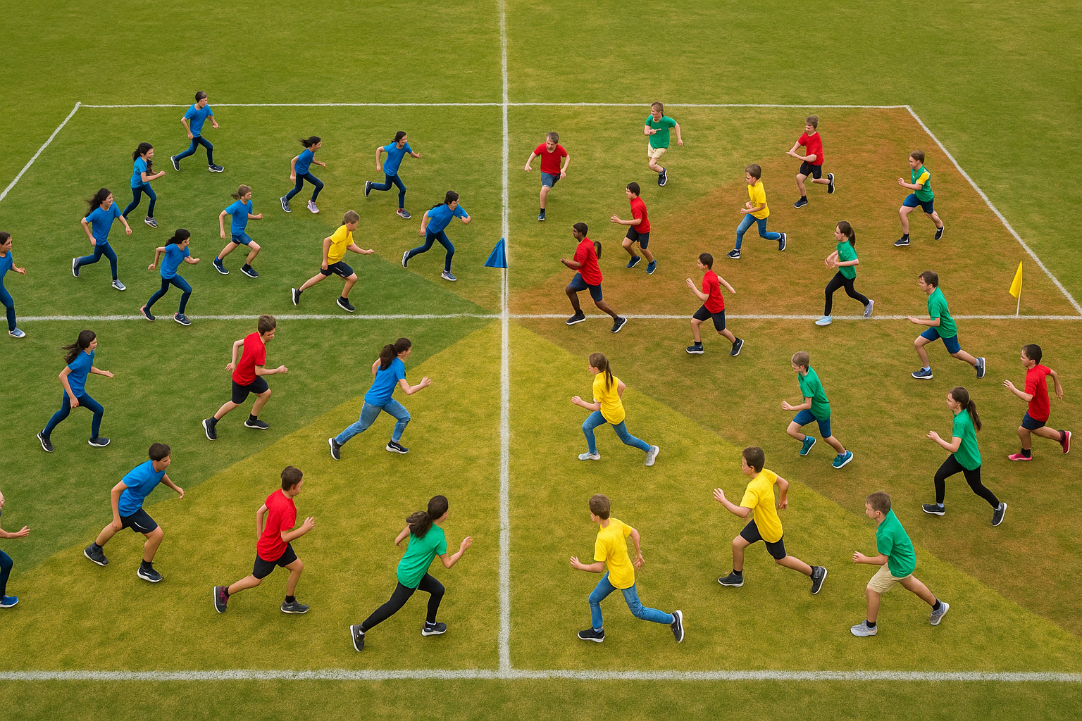 Jeu du drapeau à 4 équipes sur grand terrain quadrillé, enfants en maillots colorés