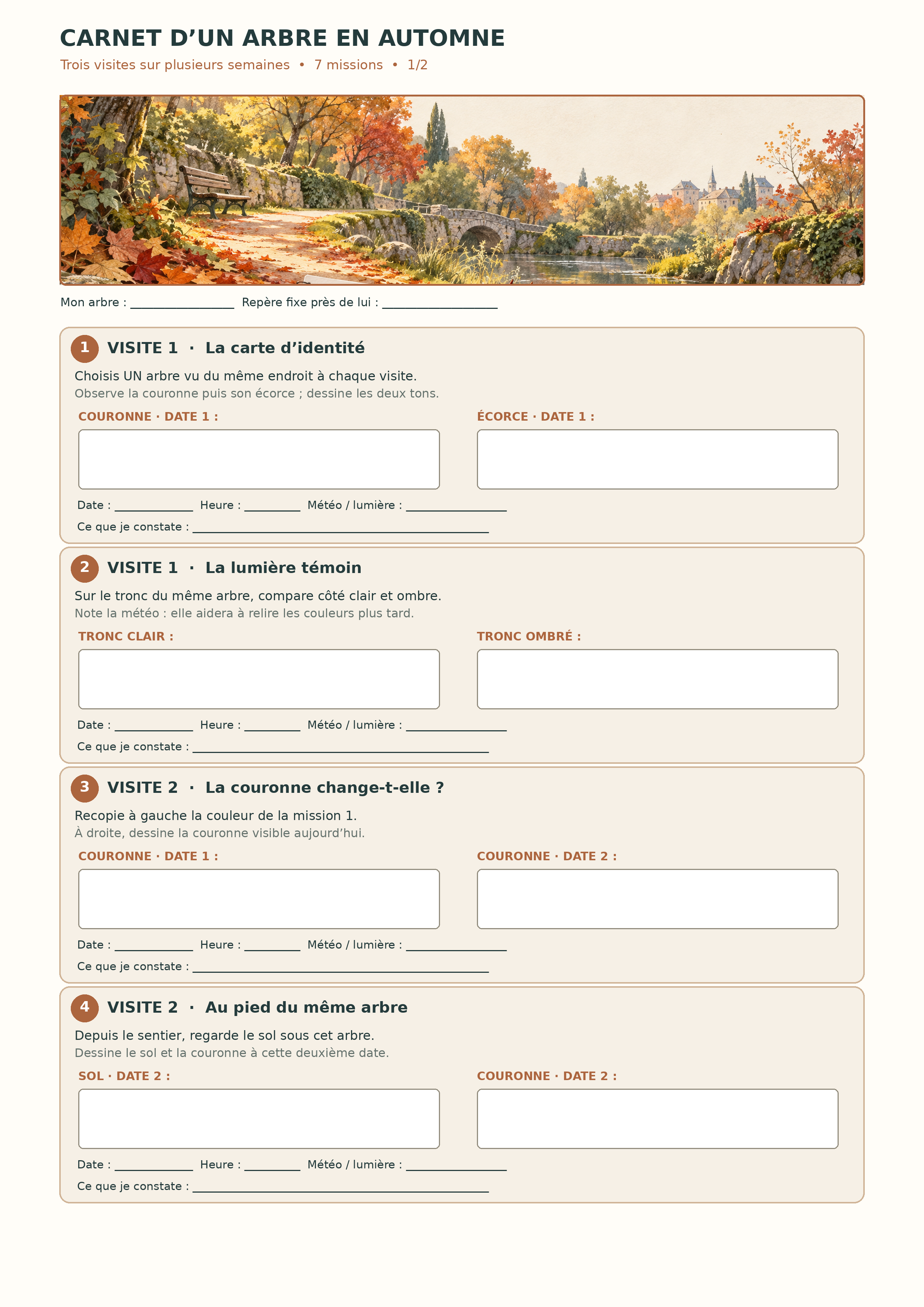 Feuille A4 du carnet d’un arbre en automne : quatre missions datées aux première et deuxième visites