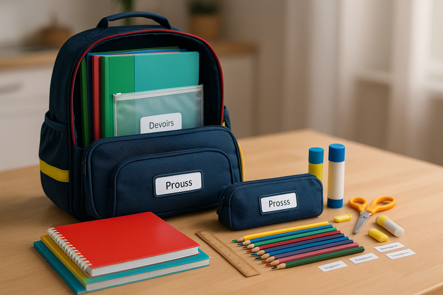 Fournitures scolaires rentrée bien organisées dans un cartable adapté (A4 et 24×32)