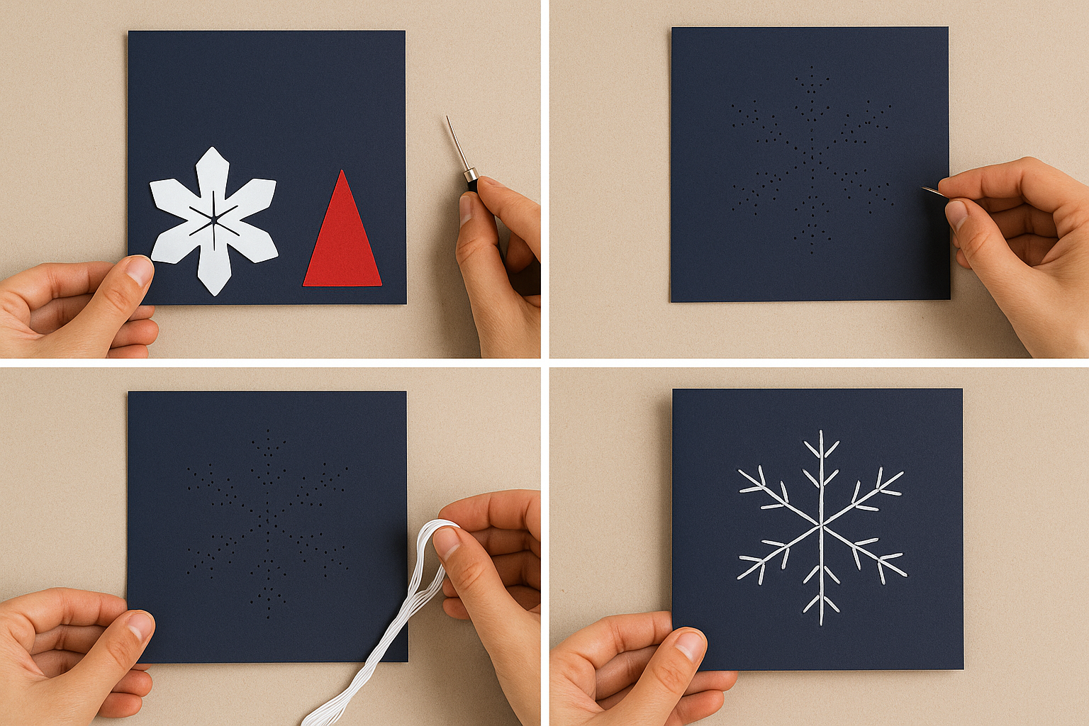Carte de Noël flocon cousu au fil sur papier – tutoriel 4 étapes