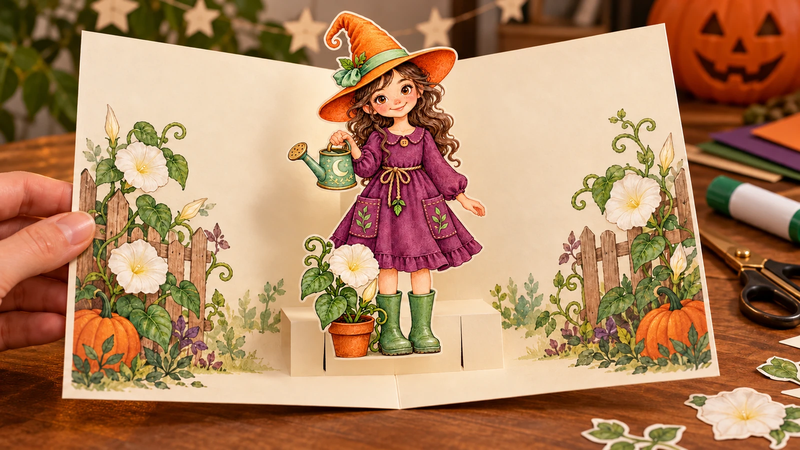 Carte pop-up sorcière d’Halloween : Mina dans son jardin