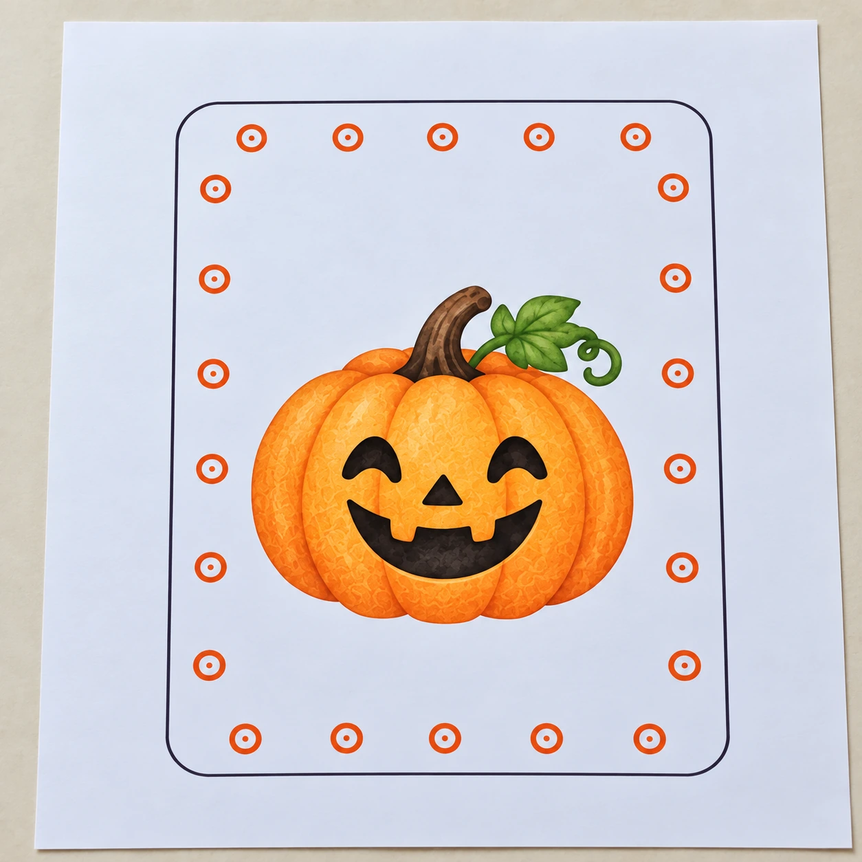Carte citrouille imprimée avec motif central et repères orange