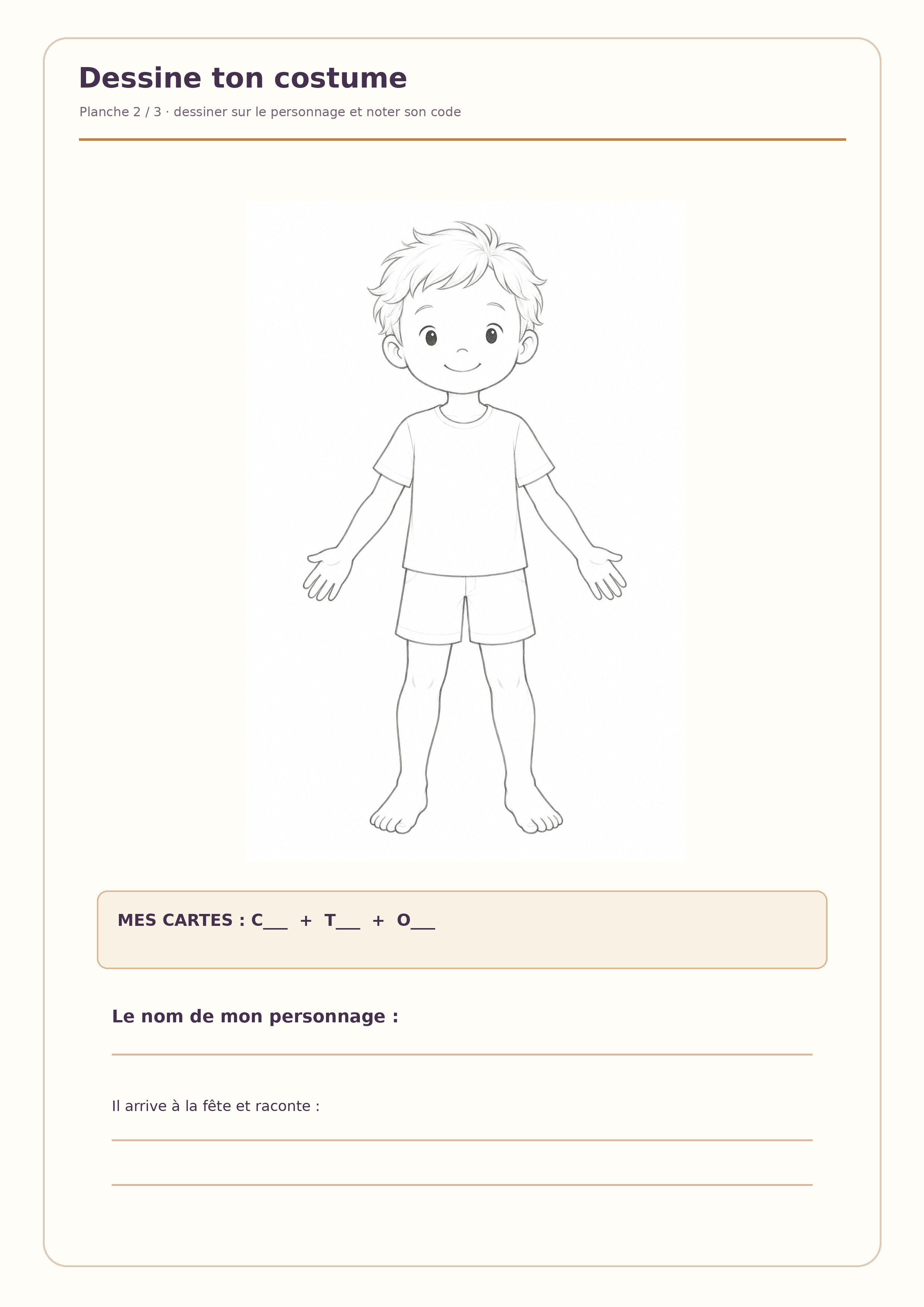 Personnage original à habiller et champs pour écrire le code, le nom et une histoire