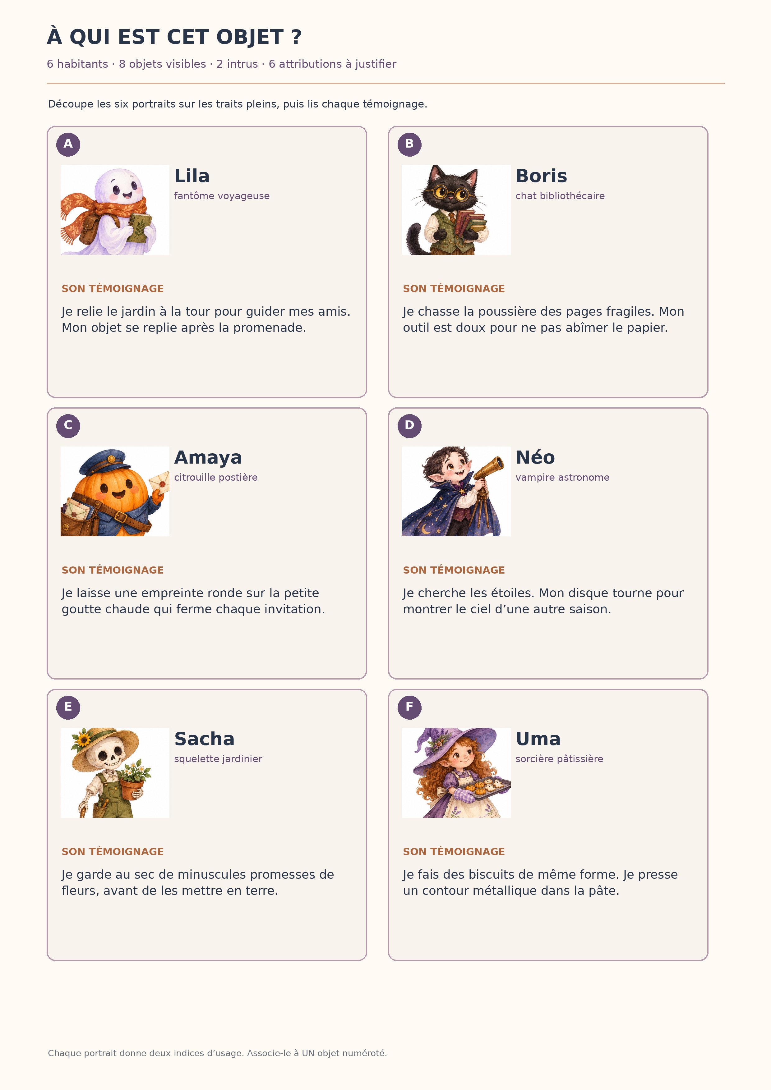Six cartes personnages Halloween A à F avec portrait et témoignage pour le jeu À qui appartient cet objet