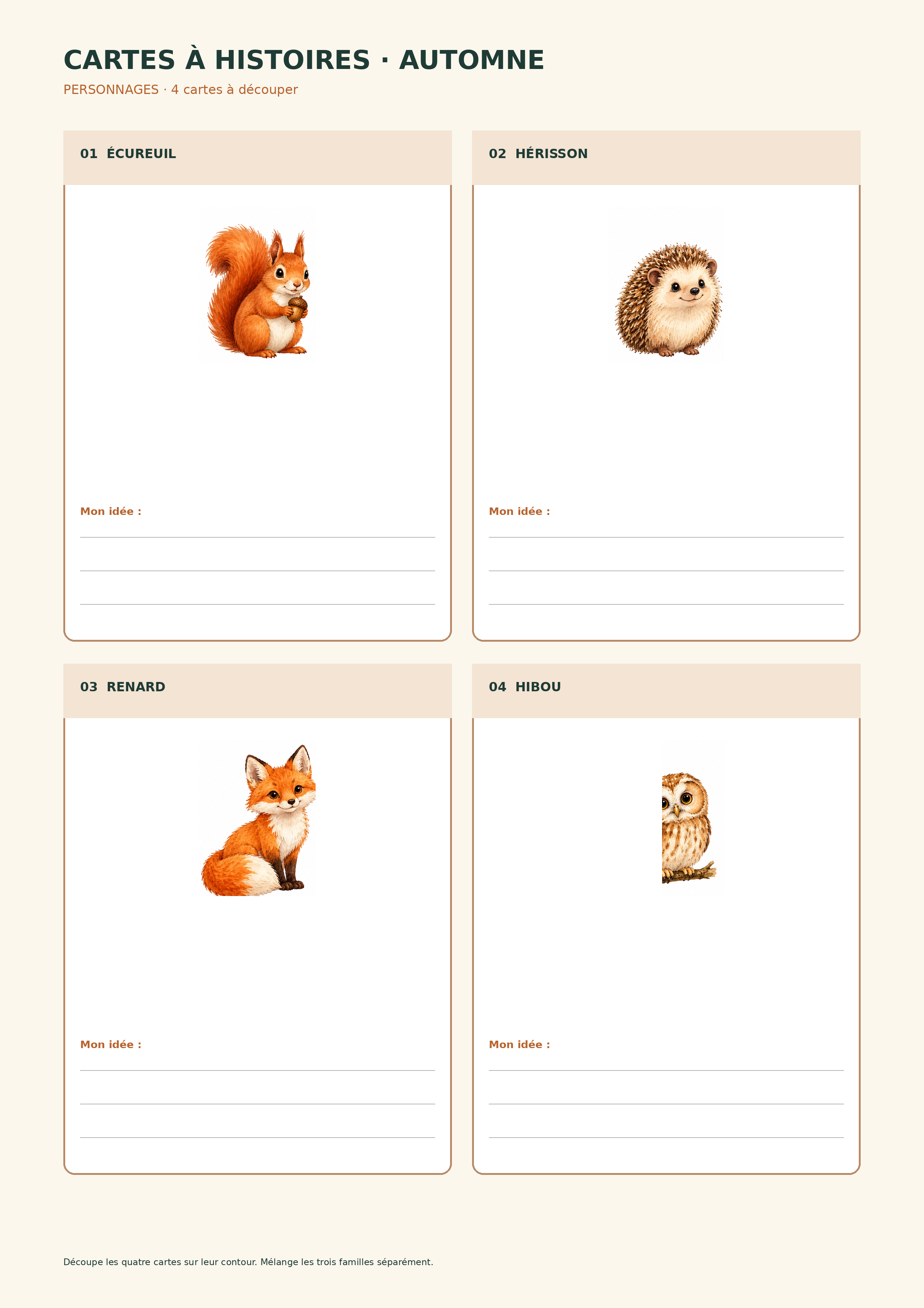 Quatre cartes personnages d’automne à découper avec écureuil hérisson renard et hibou