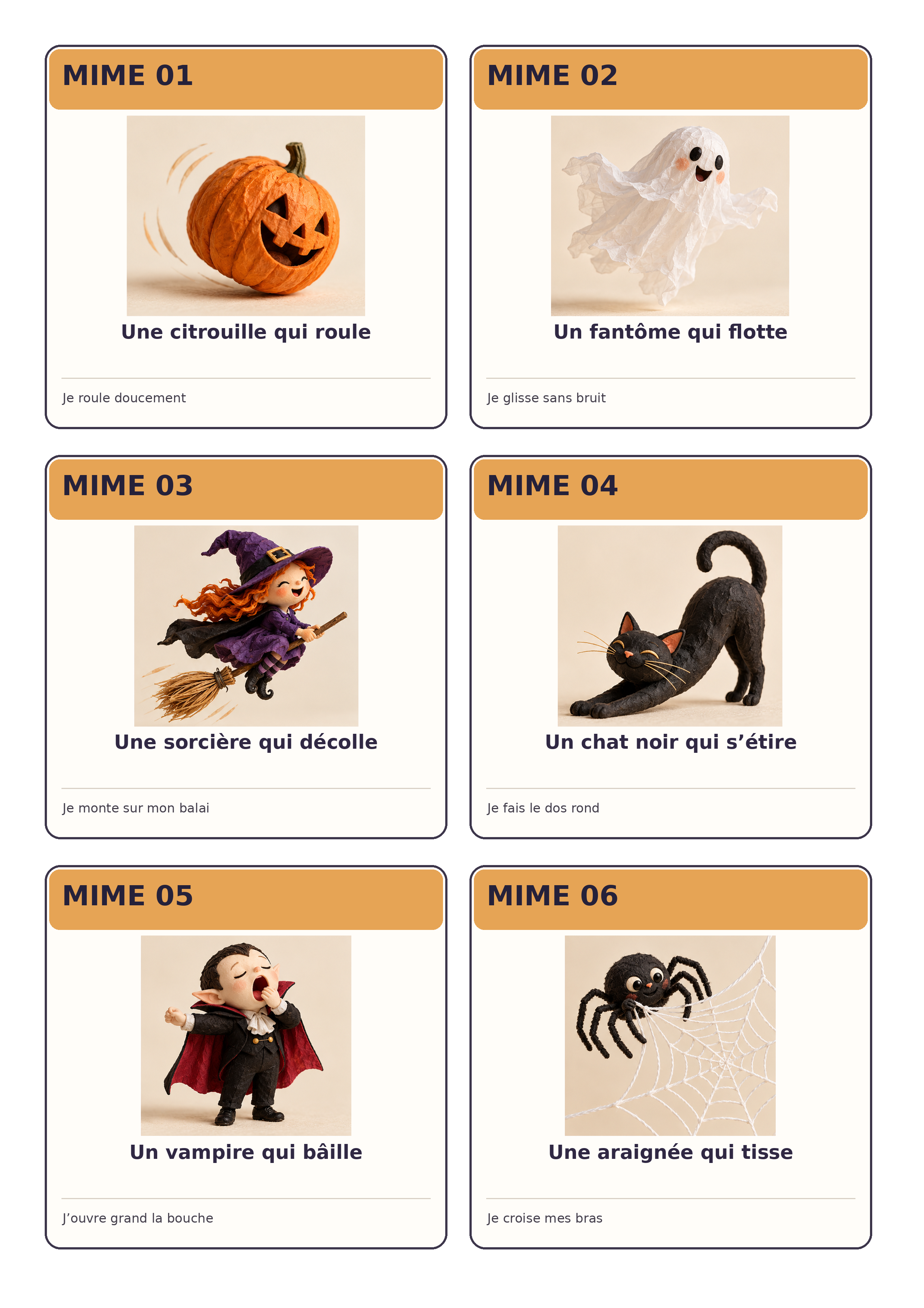 Première planche de six cartes de mime Halloween numérotées de 1 à 6