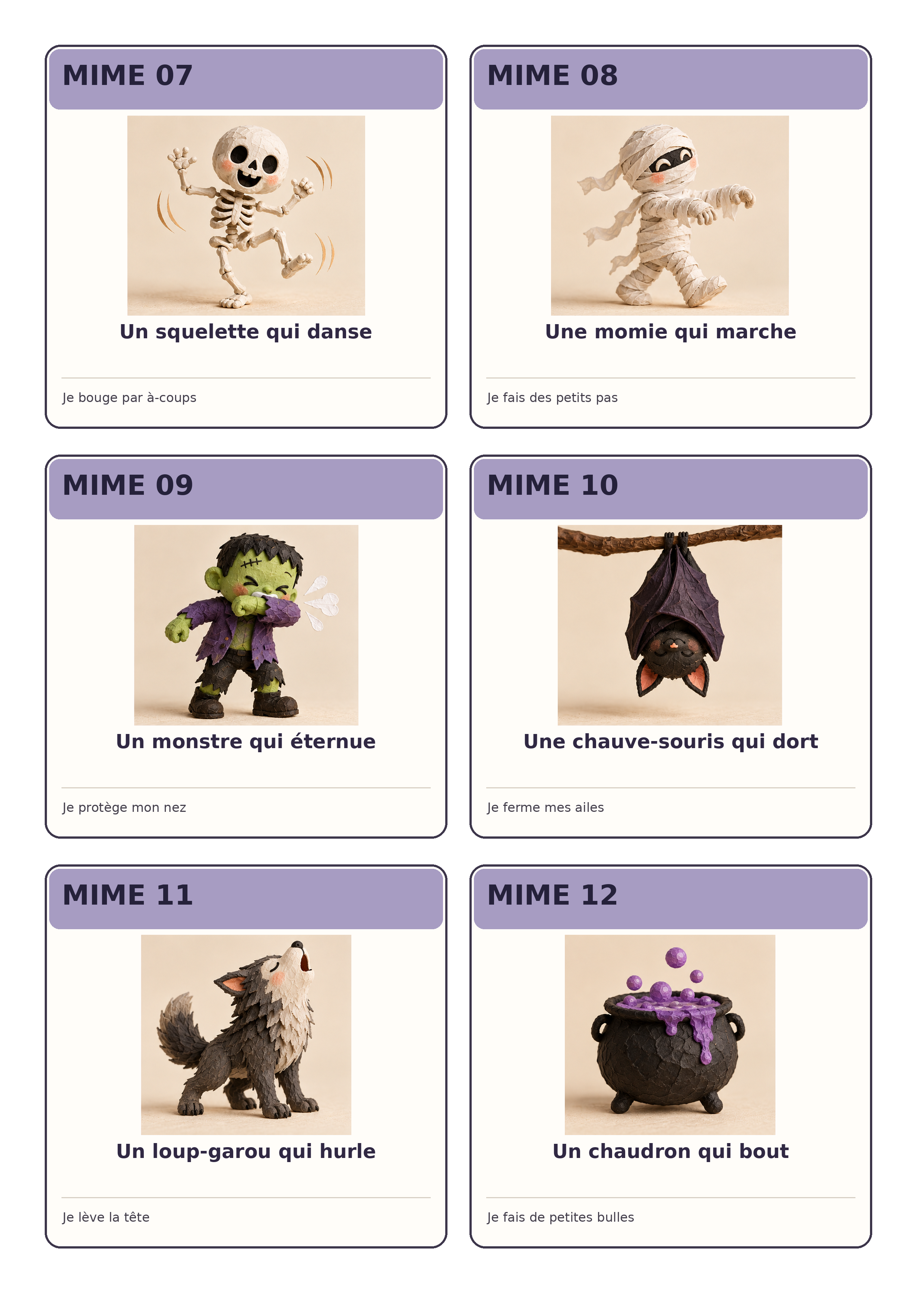 Deuxième planche de six cartes de mime Halloween numérotées de 7 à 12
