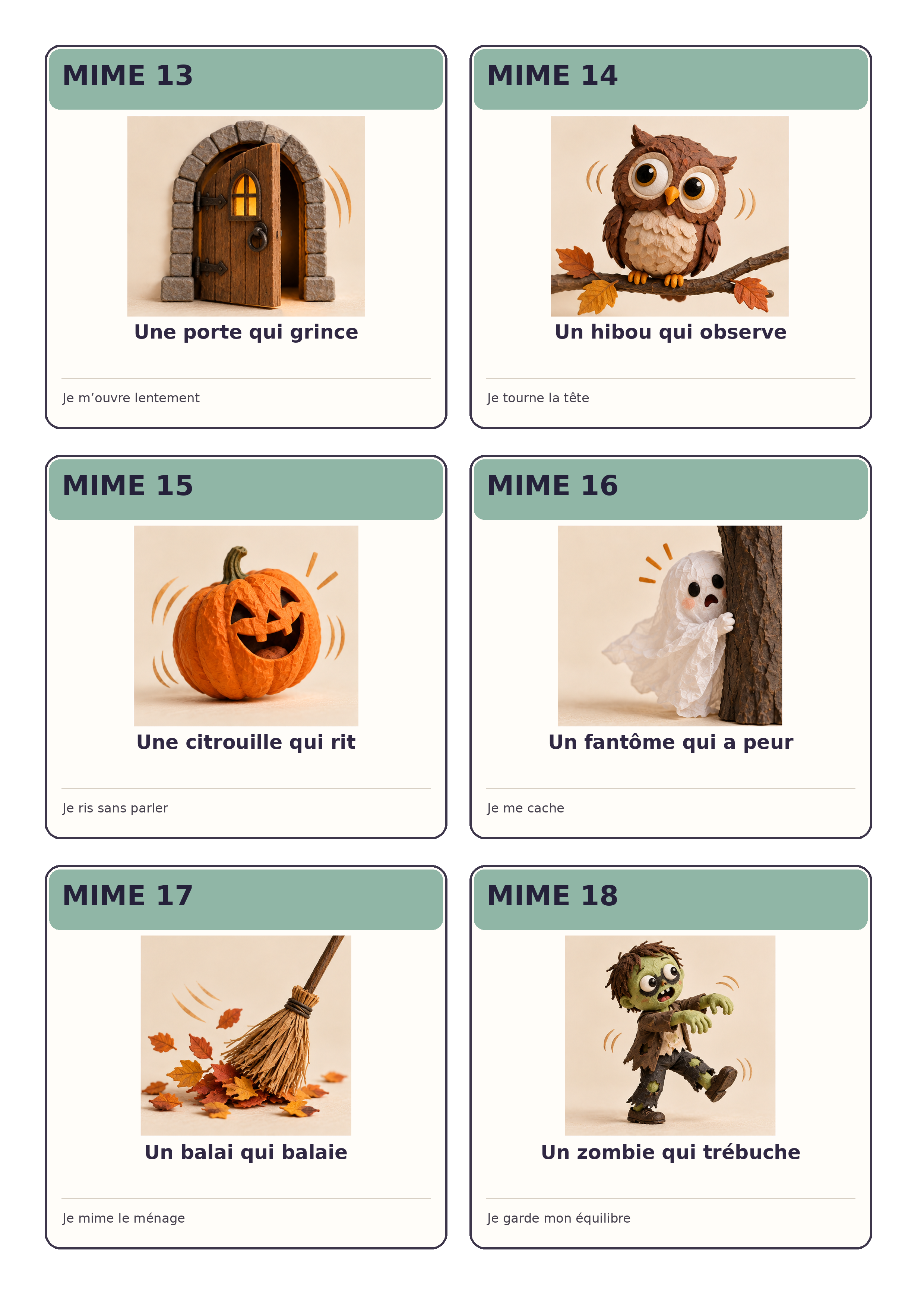 Troisième planche de six cartes de mime Halloween numérotées de 13 à 18