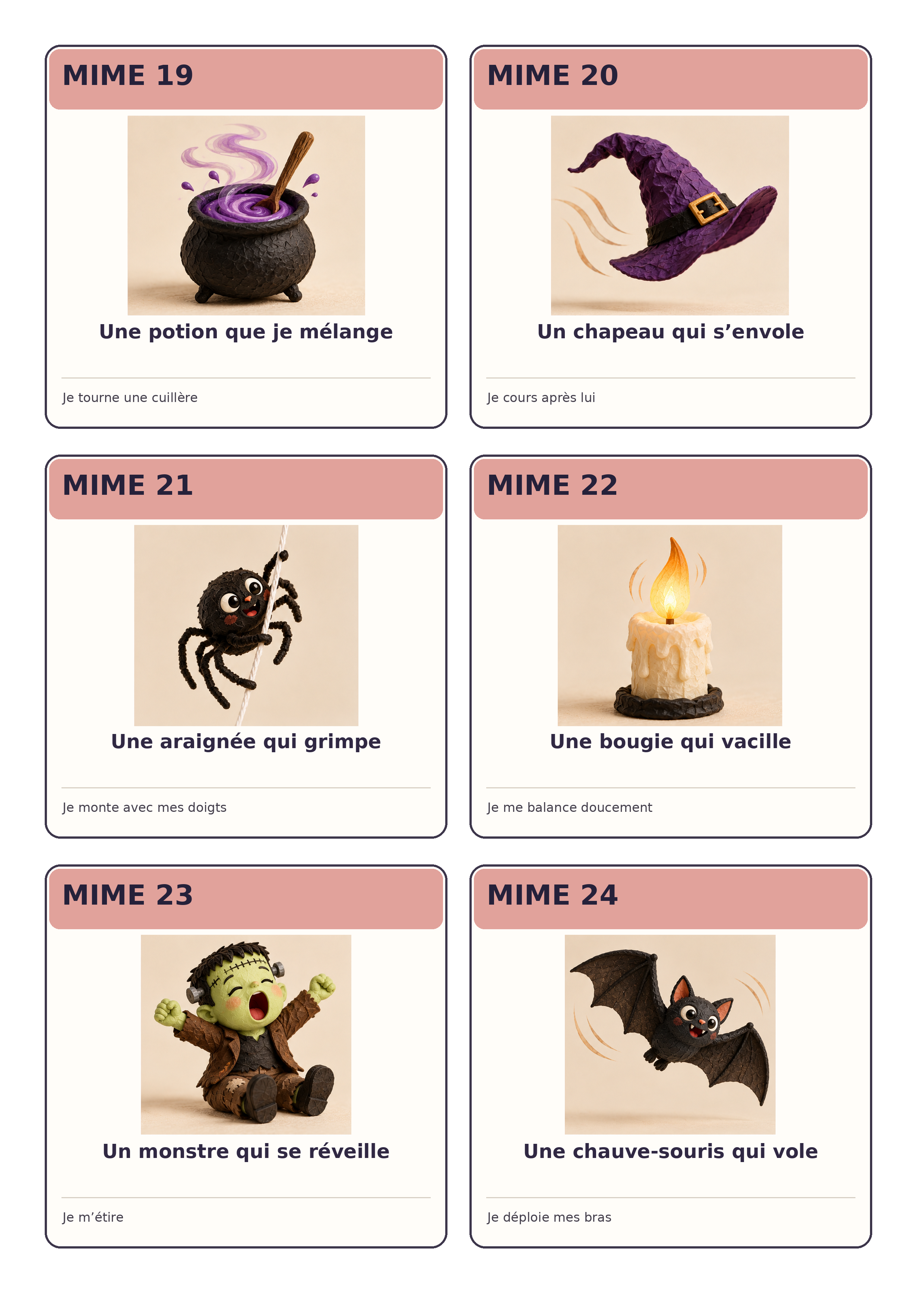 Quatrième planche de six cartes de mime Halloween numérotées de 19 à 24
