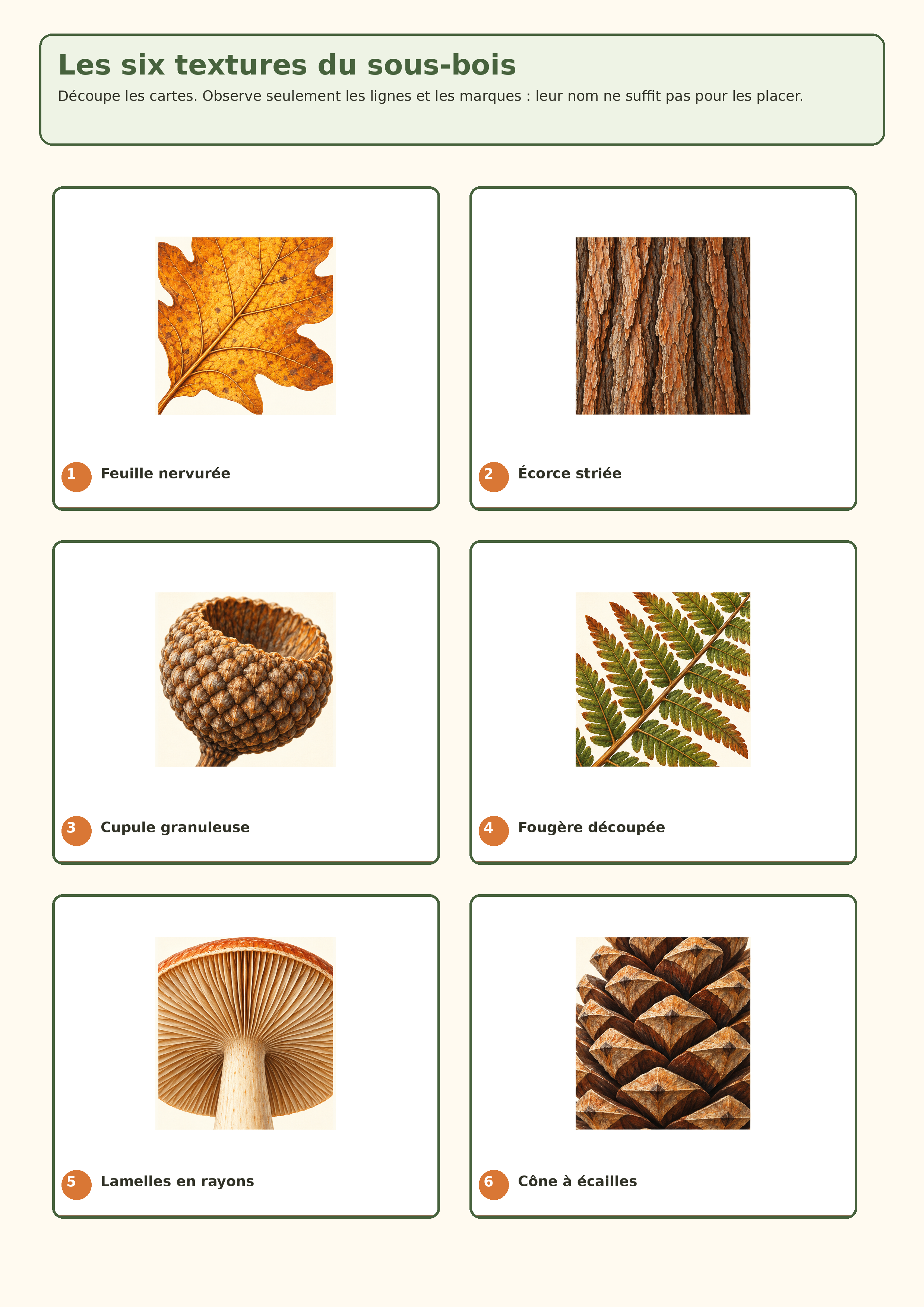 Six cartes de textures visuelles du sous-bois à découper : feuille, écorce, cupule, fougère, lamelles et cône