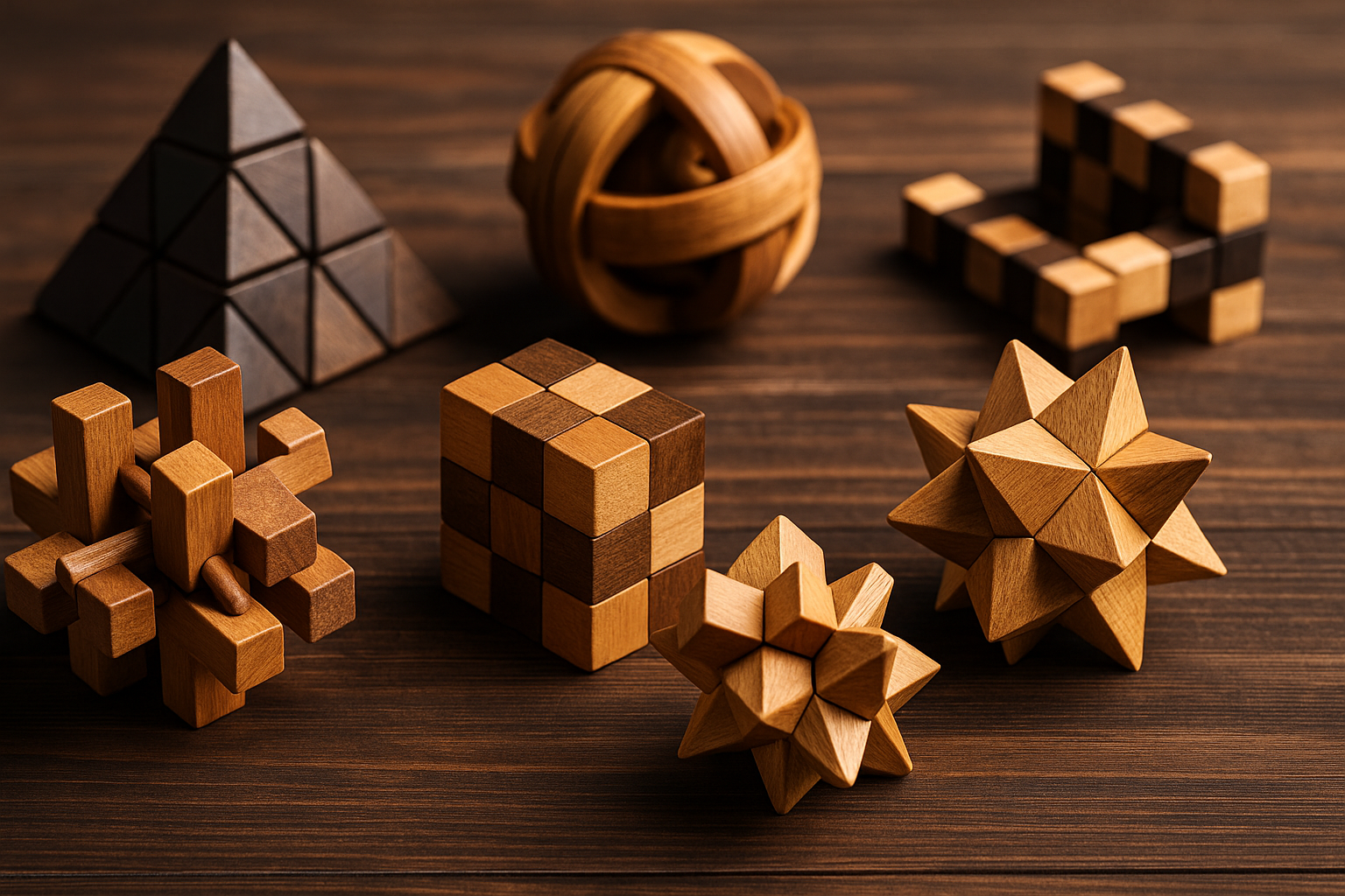 Collection de casse-têtes en bois sur une table.