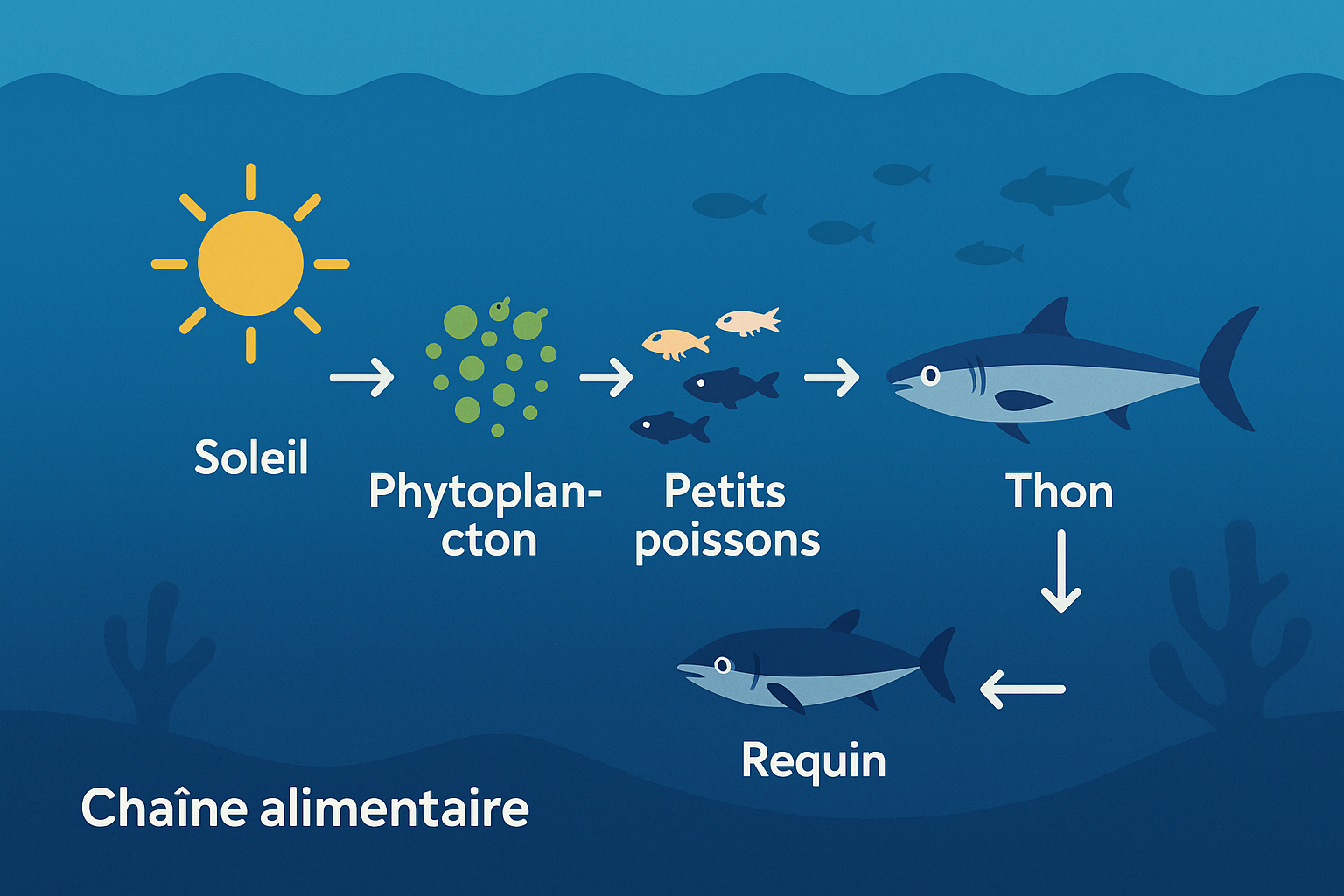 Infographie de la chaîne alimentaire océanique du soleil au requin