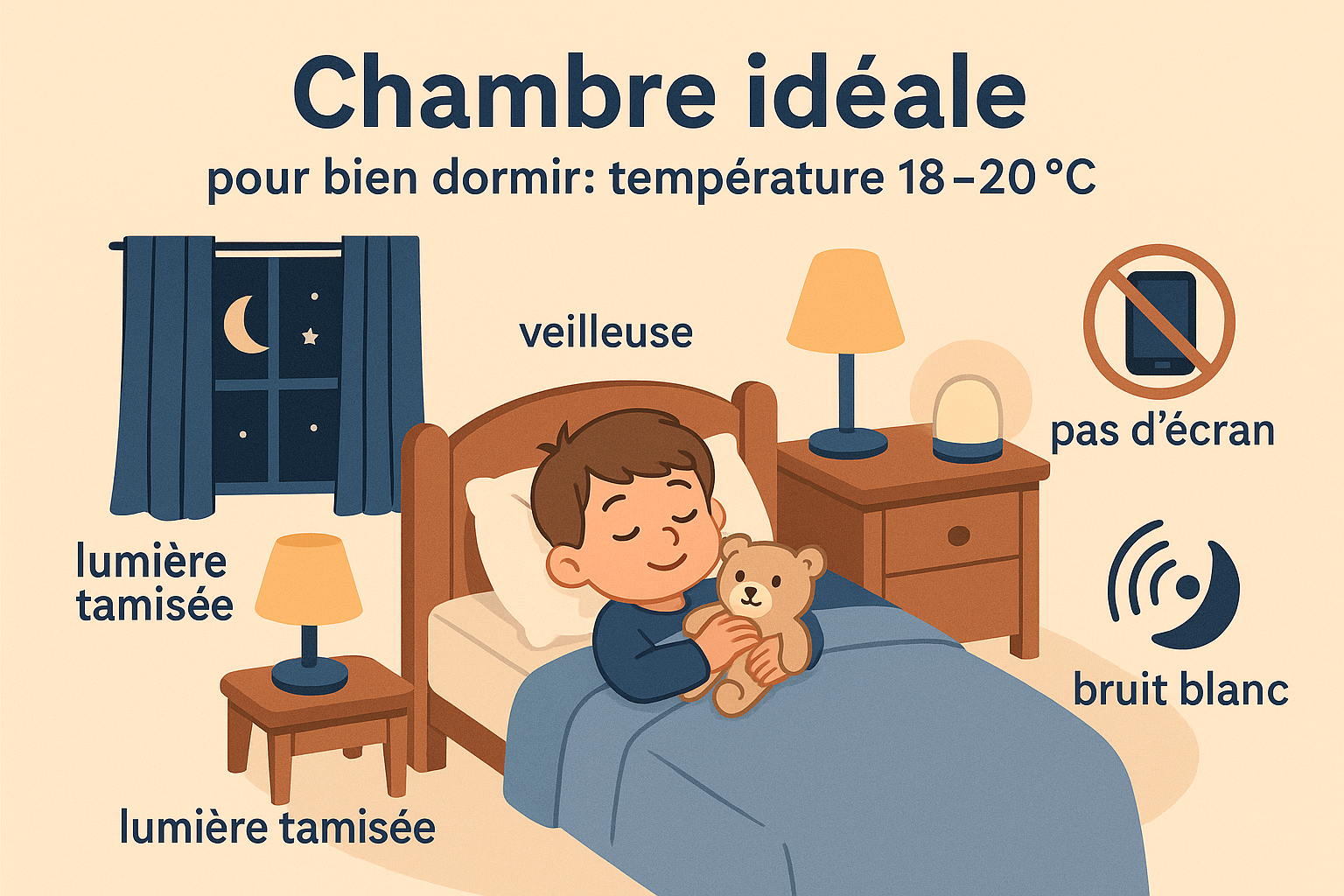 Chambre idéale pour bien dormir : lumière tamisée, 18–20 °C, pas d’écran, bruit blanc, veilleuse