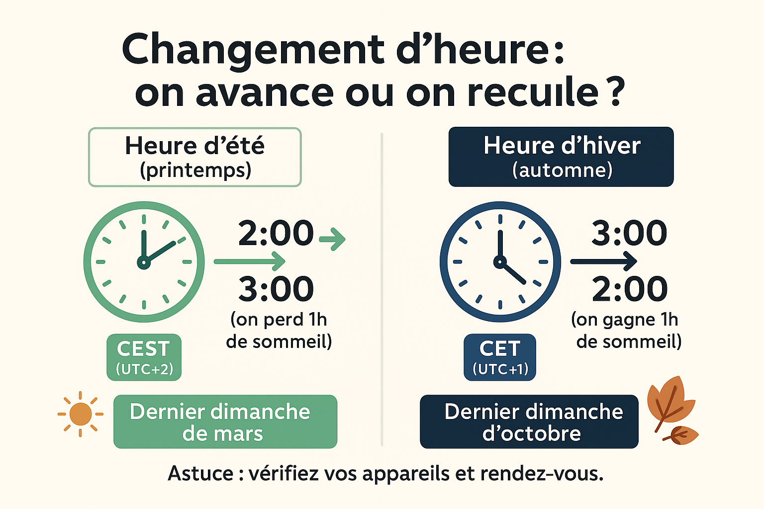 Infographie du changement d’heure : passage à l’heure d’été (2h?3h) et à l’heure d’hiver (3h?2h), dernier dimanche de mars et d’octobre