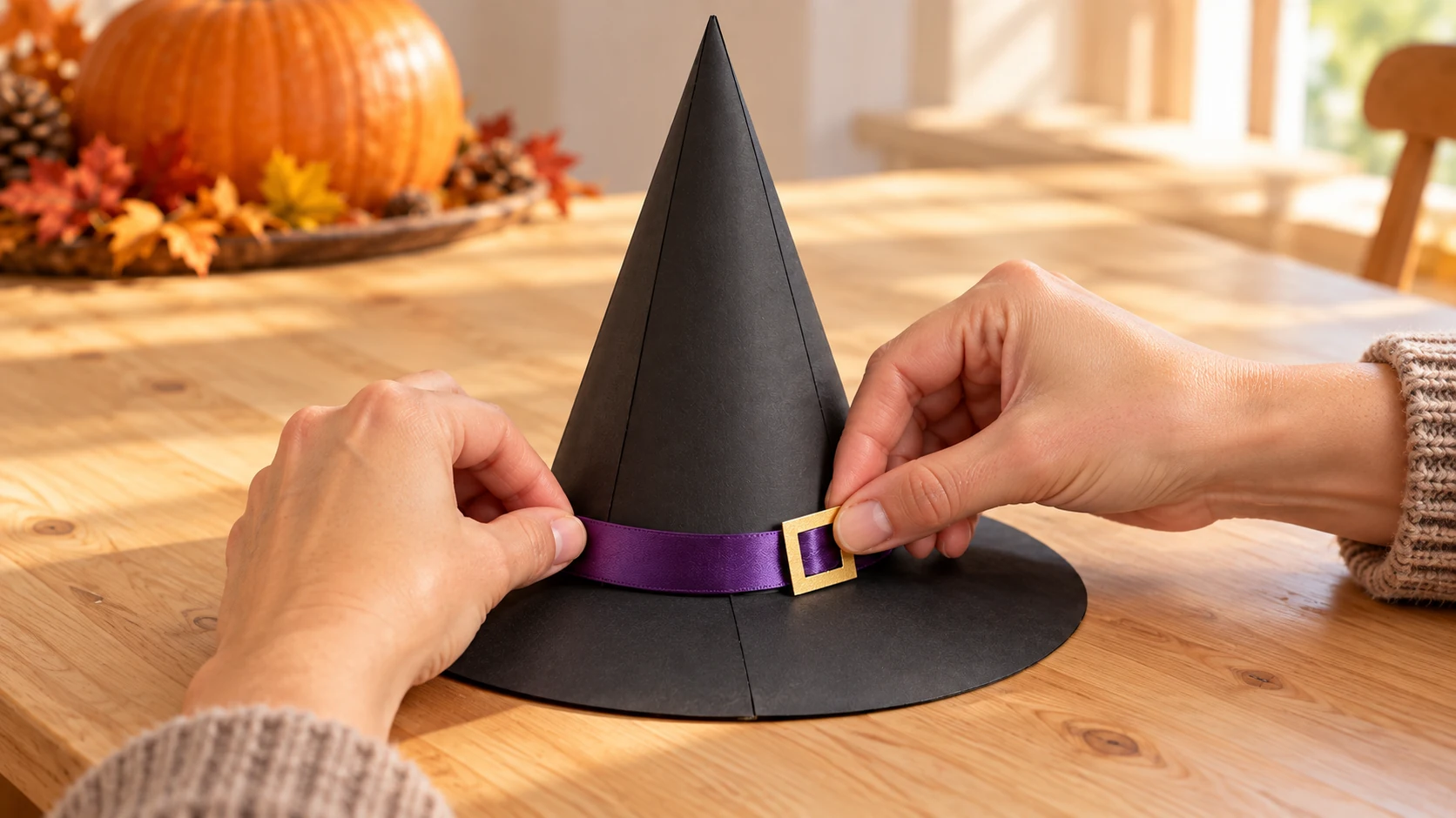 Chapeau de sorcière noir achevé avec bande violette et boucle décorative