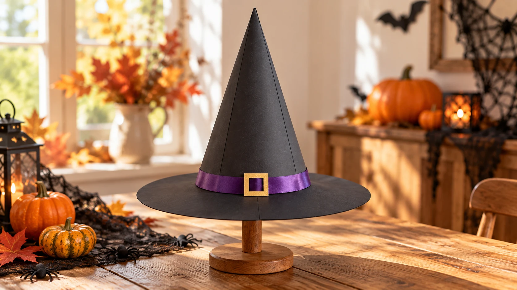 Chapeau de sorcière noir avec cône élevé, large bord et bande violette