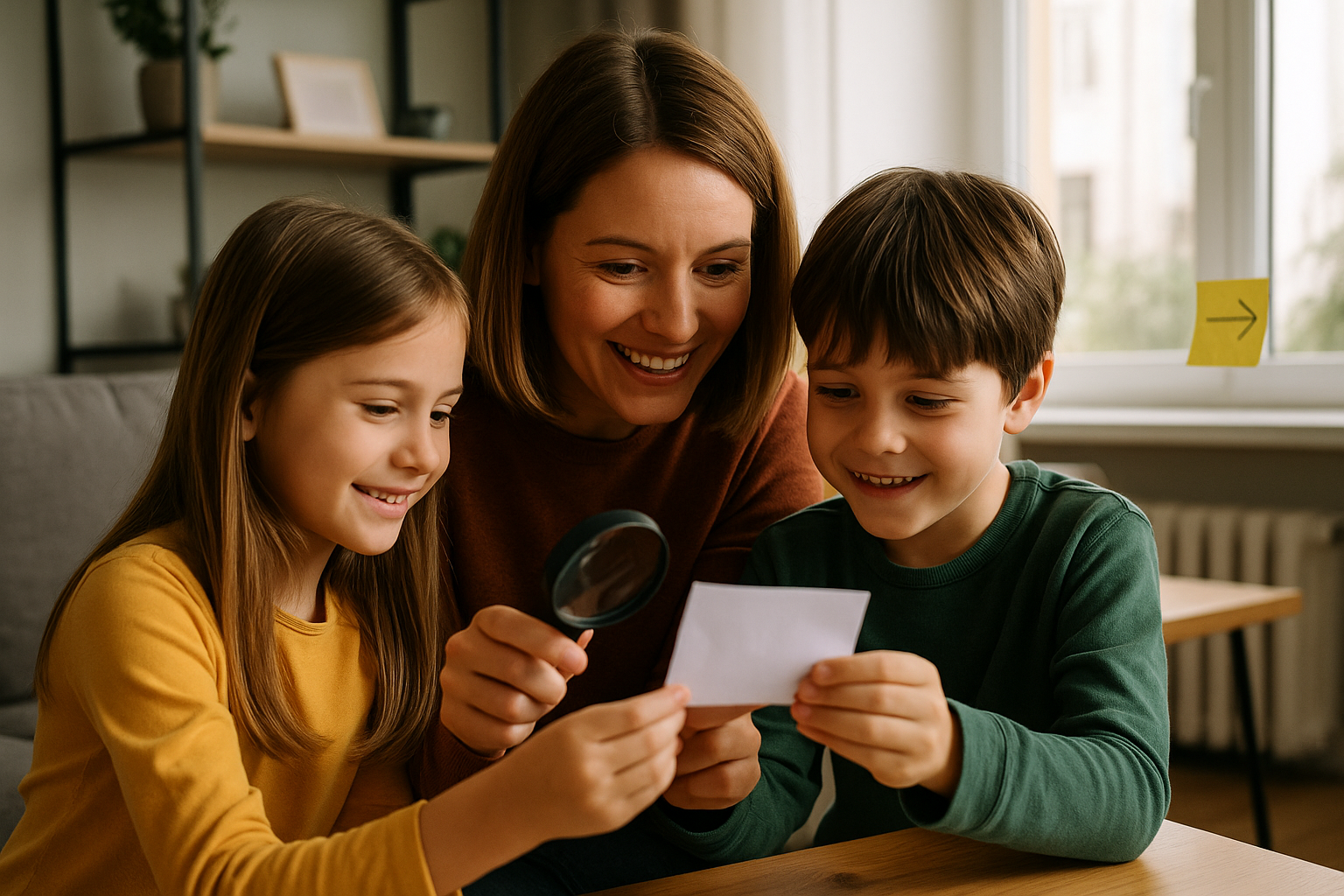 Chasse au trésor coopérative parent-enfant dans le salon avec indices visuels
