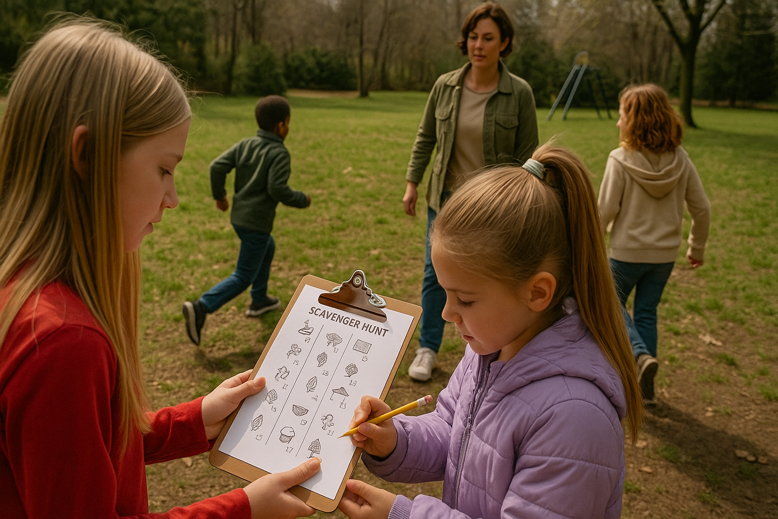Chasse nature coopérative Enfants observant une feuille de chêne avec loupe en forêt