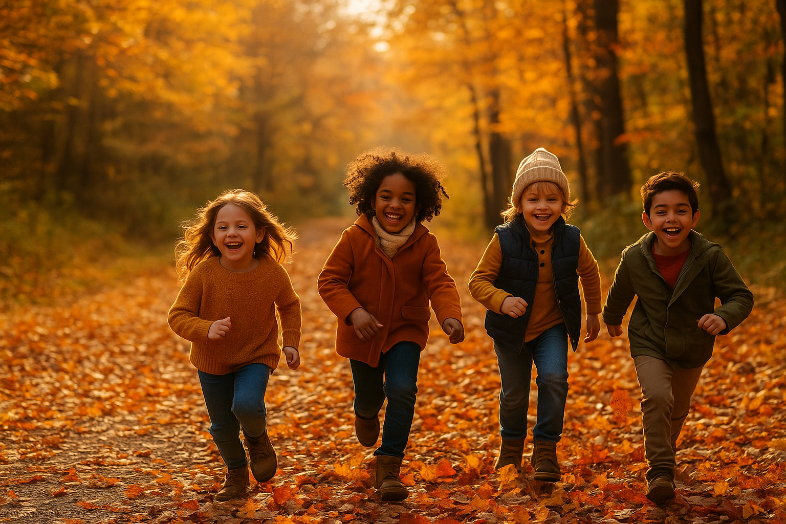 Enfants cherchant des indices de saison lors d’un grand jeu.