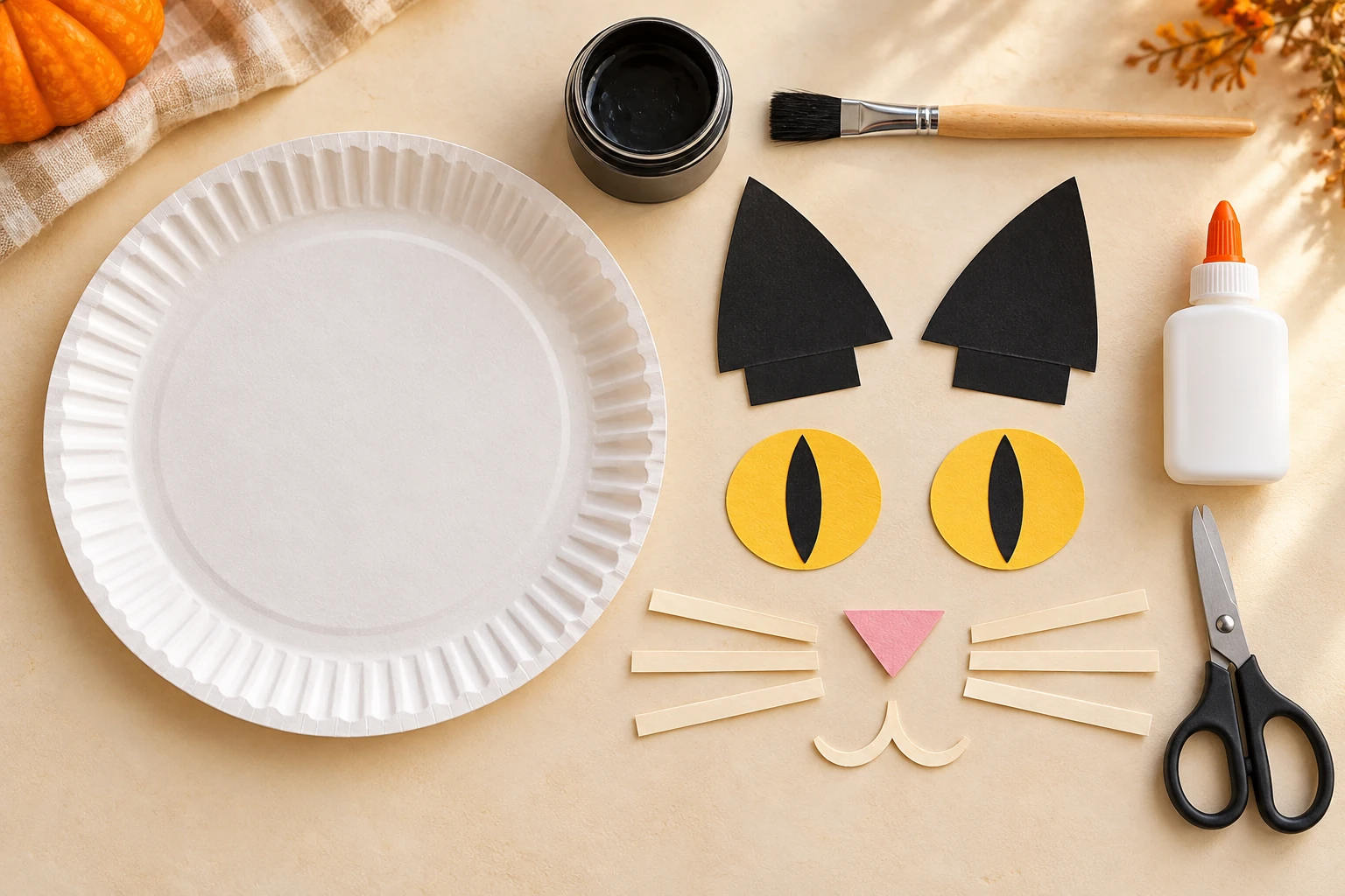 Assiette, oreilles et moustaches de papier pour fabriquer un chat noir
