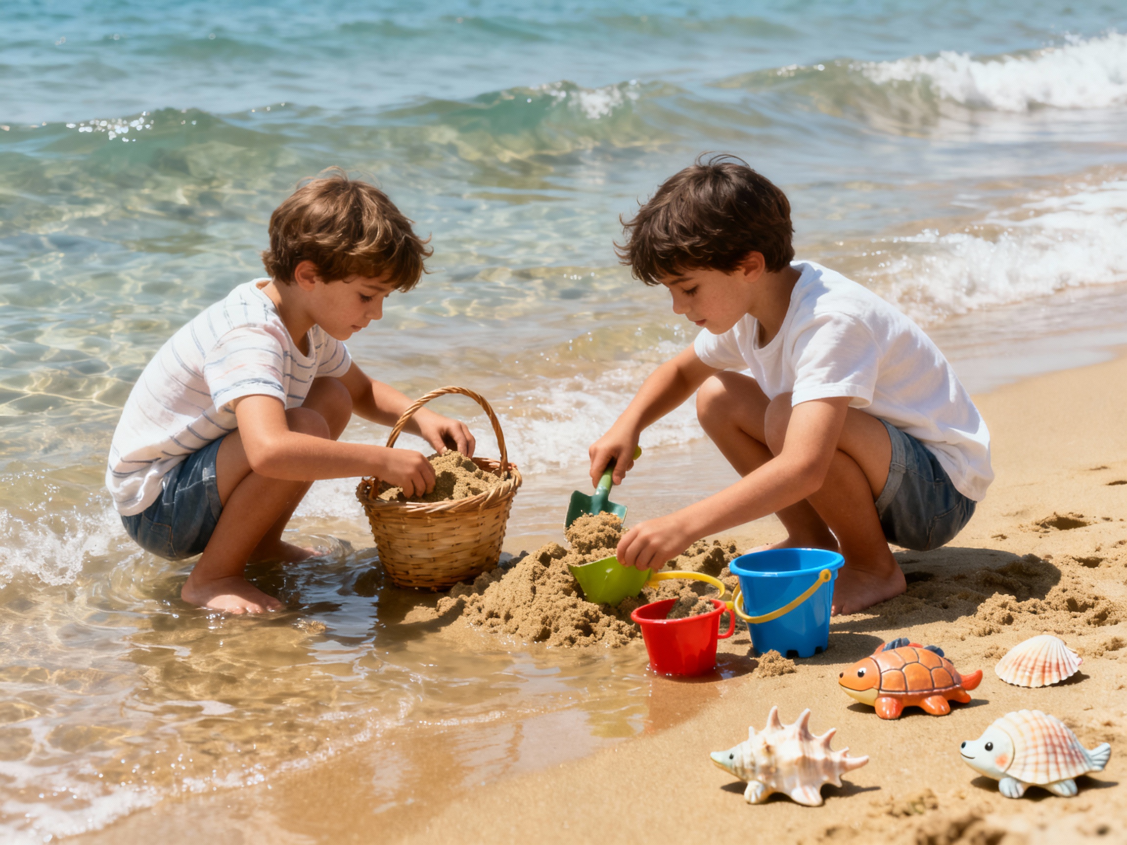 Châteaux de sable et rivière : coopération et observation de l'eau Enfants construisant des châteaux de sable avec un ruisseau