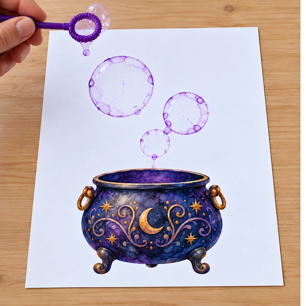 Anneaux violets des bulles déposés au-dessus du chaudron