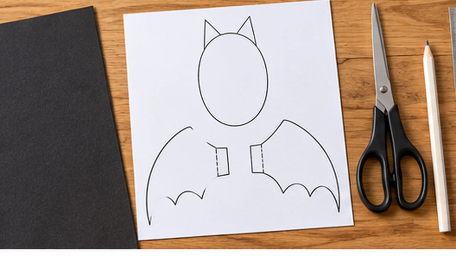 Papier cartonné noir, patron imprimé et adhésif pour la chauve-souris en volume