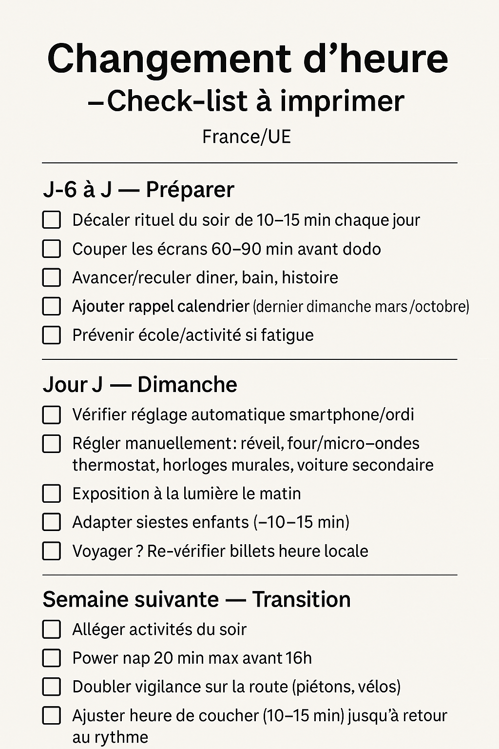 Poster check-list Changement d’heure à imprimer en format portrait, sections préparer, jour J et semaine suivante