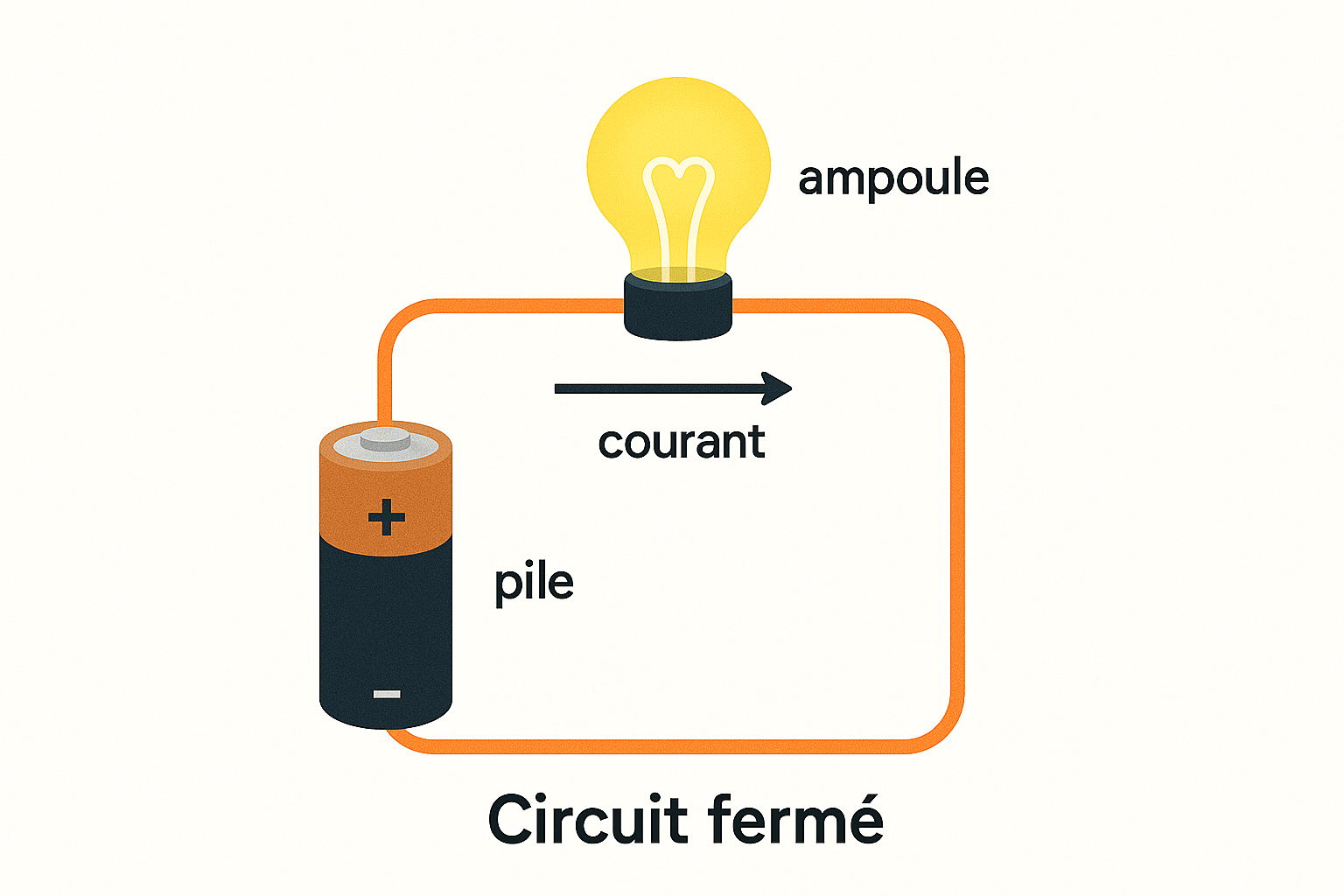 Schéma : circuit fermé pile-fils-ampoule avec sens du courant