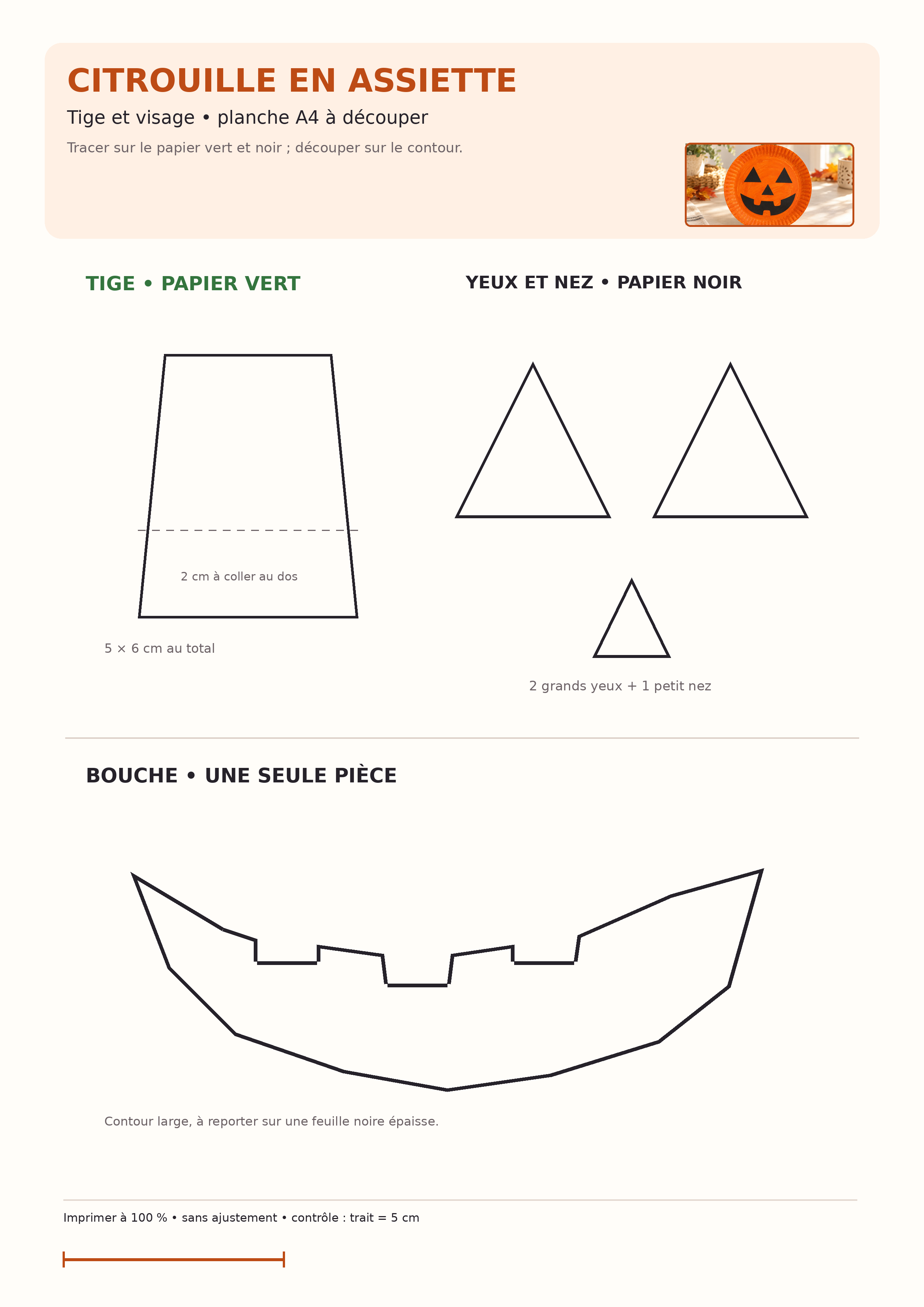 Gabarit A4 avec yeux, nez, bouche et tige pour citrouille en assiette