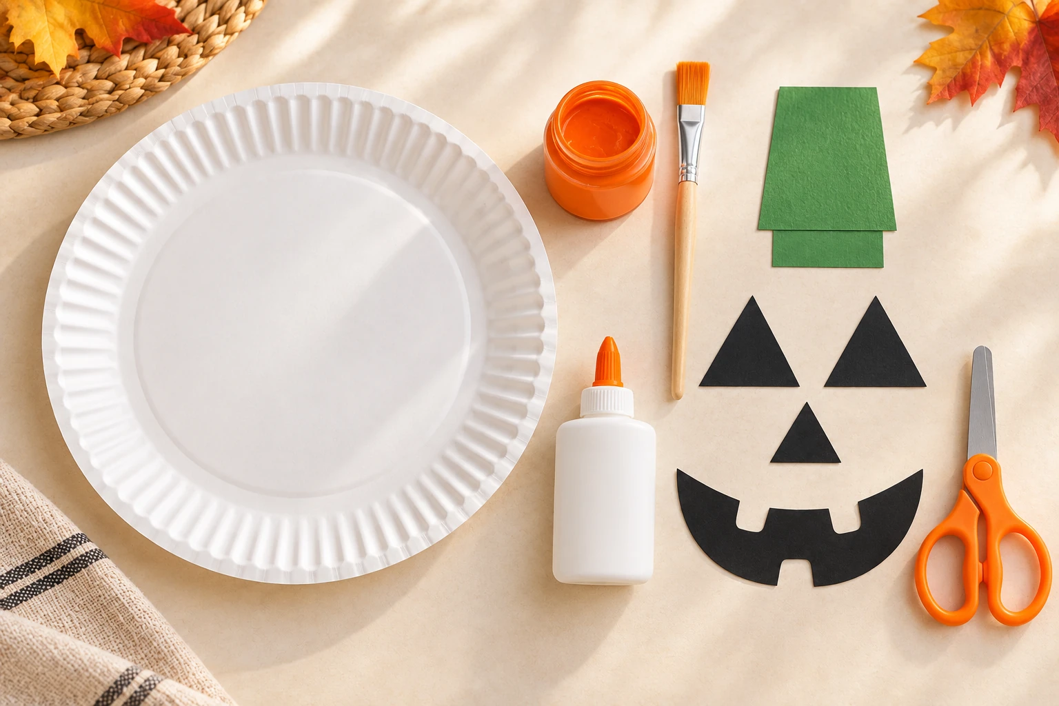 Assiette blanche, peinture orange et papiers vert et noir pour une citrouille Halloween