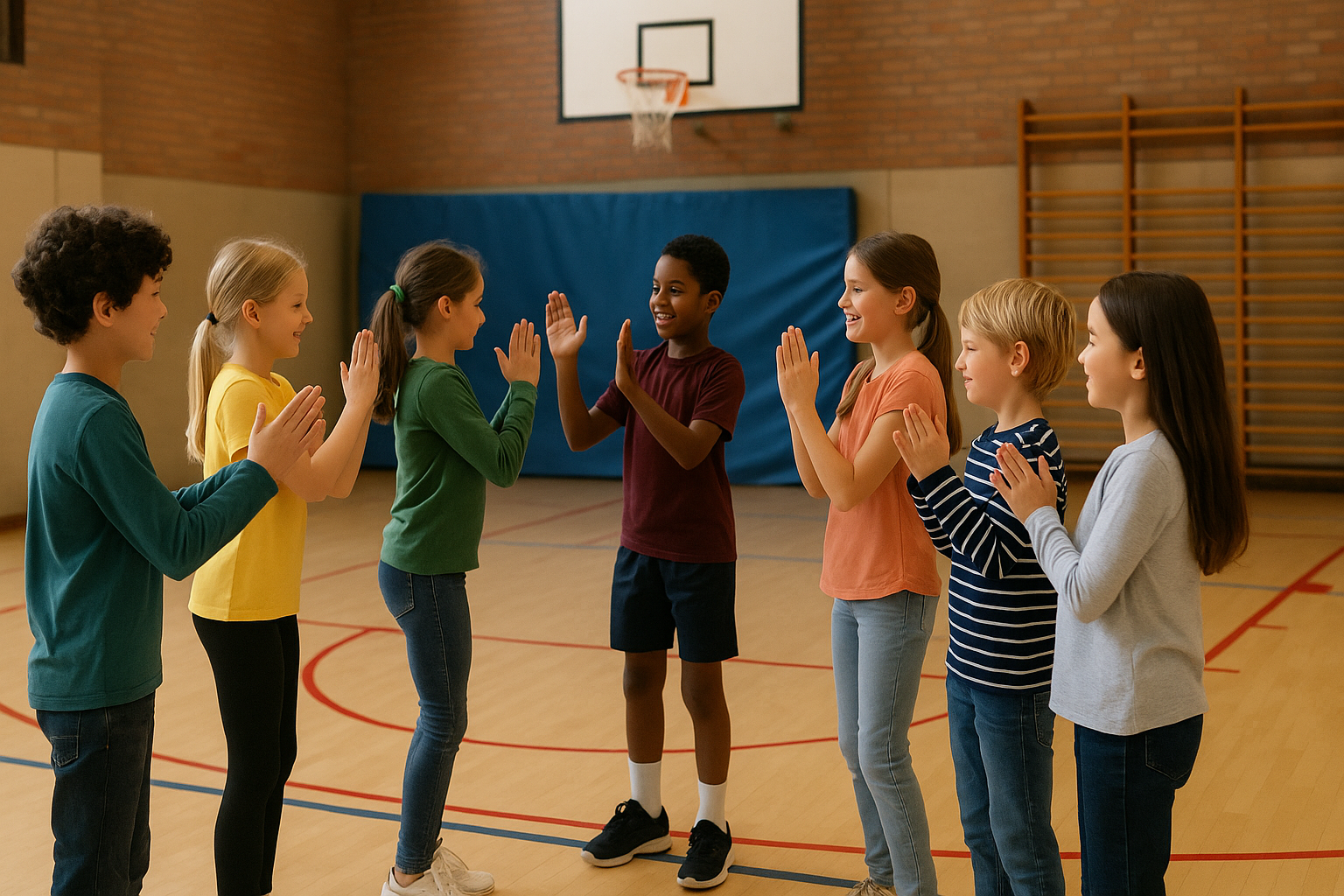 Groupe d'enfants en gymnase exécutant un clapping en canon
