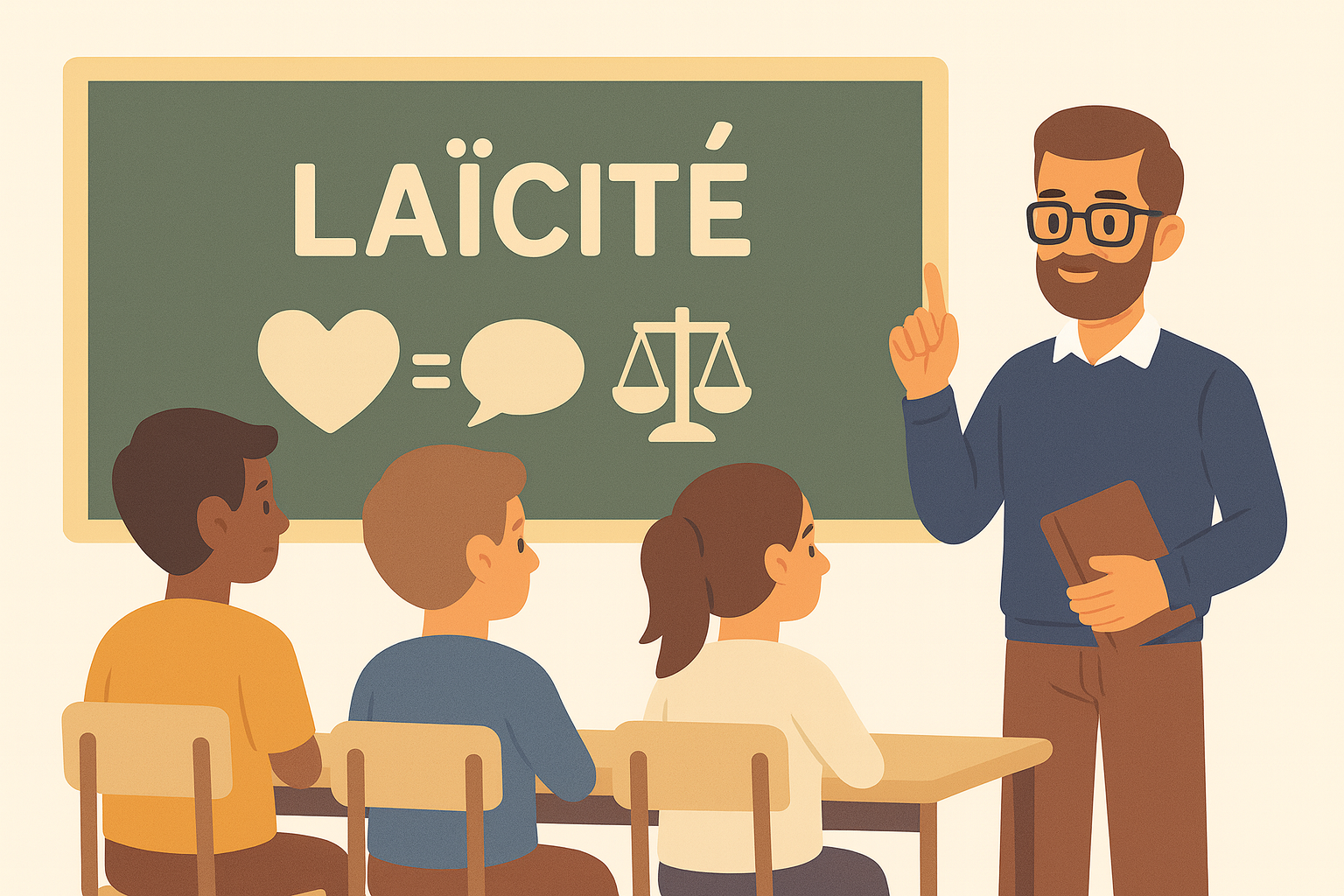 Illustration classe : laïcité au tableau, élèves attentifs, sans voile