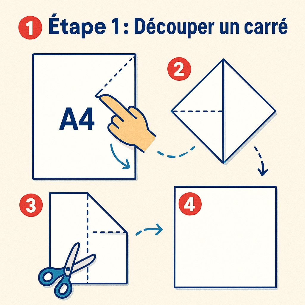 Étape 1 : Transformer une feuille A4 en carré, avec repères de découpe