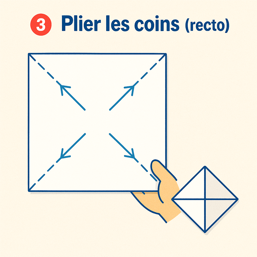 Étape 3 : Rabattre les quatre coins vers le centre (recto)