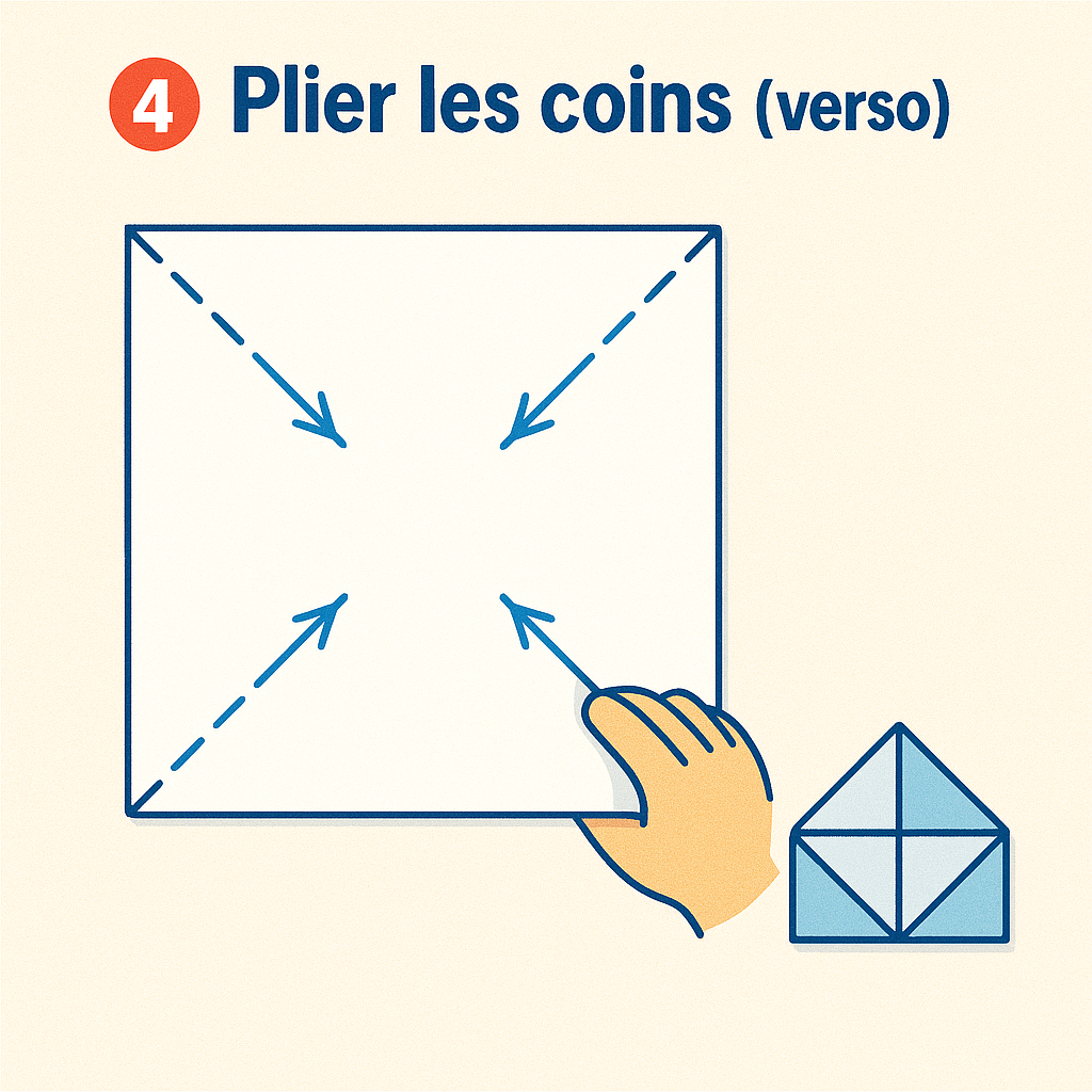 Étape 4 : Rabattre à nouveau les coins vers le centre (verso)