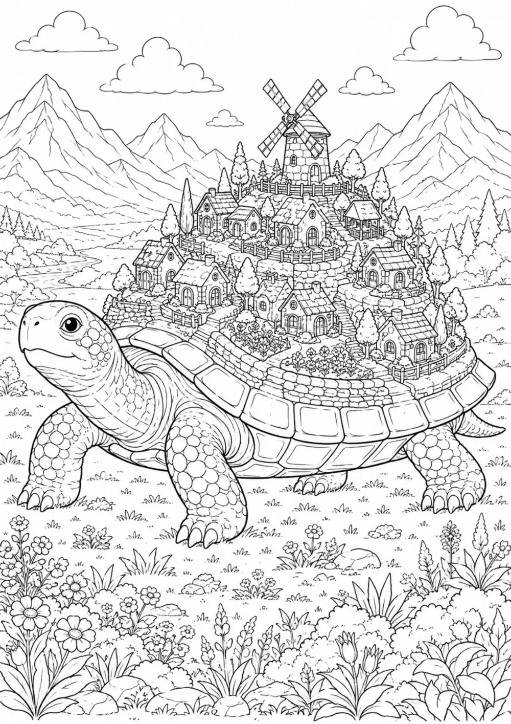 Coloriage village sur tortue géante : 20 dessins fantastiques
