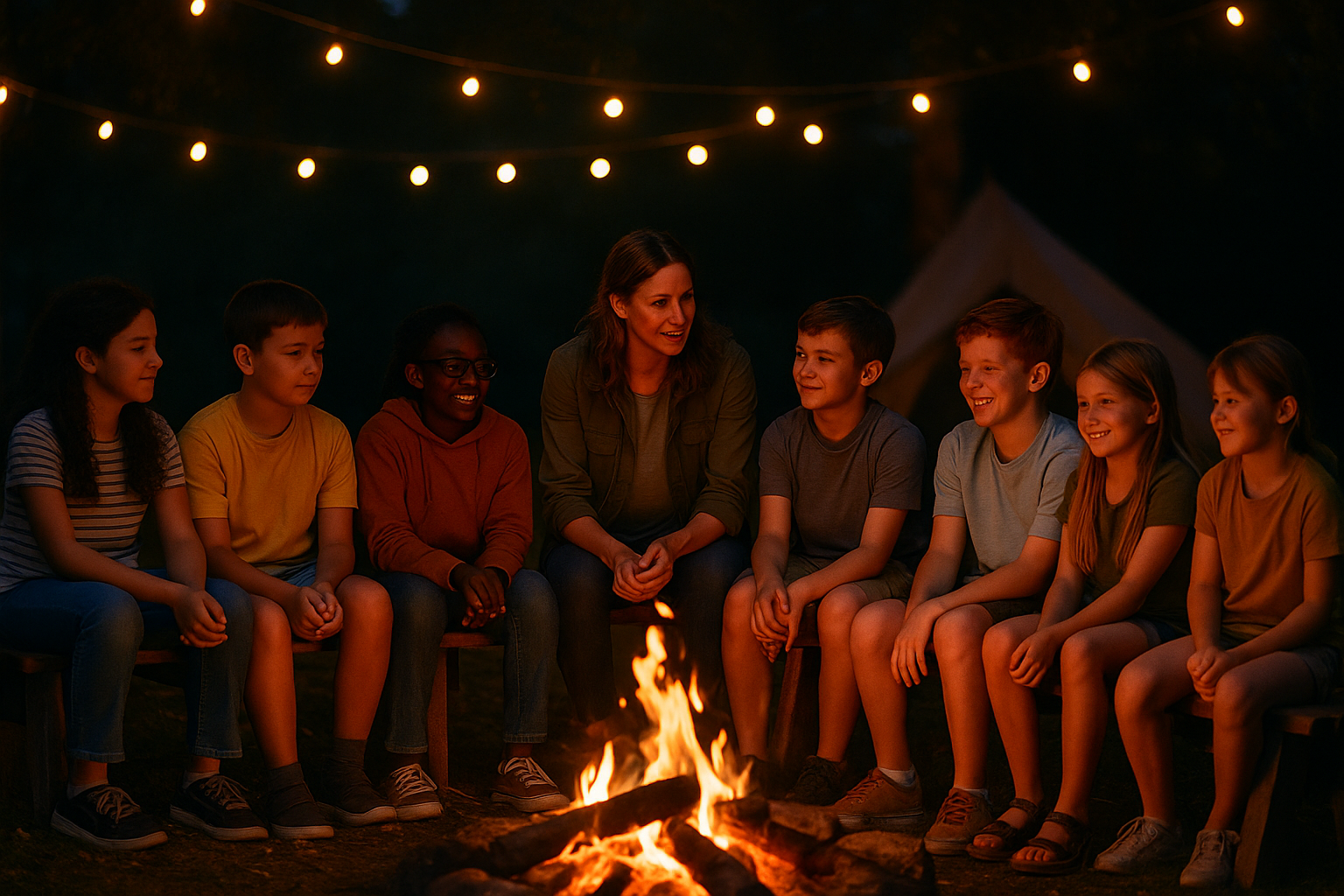 Animateurs et enfants en colonie réunis le soir pour une veillée autour d’une animation lumineuse.