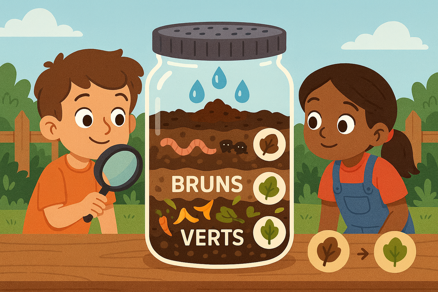 Deux enfants observent un bocal de compost avec couches brunes et vertes, gouttes d’eau et ver de terre