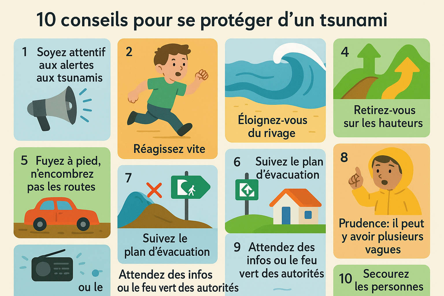 Poster illustré listant dix conseils pratiques pour se protéger d'un tsunami