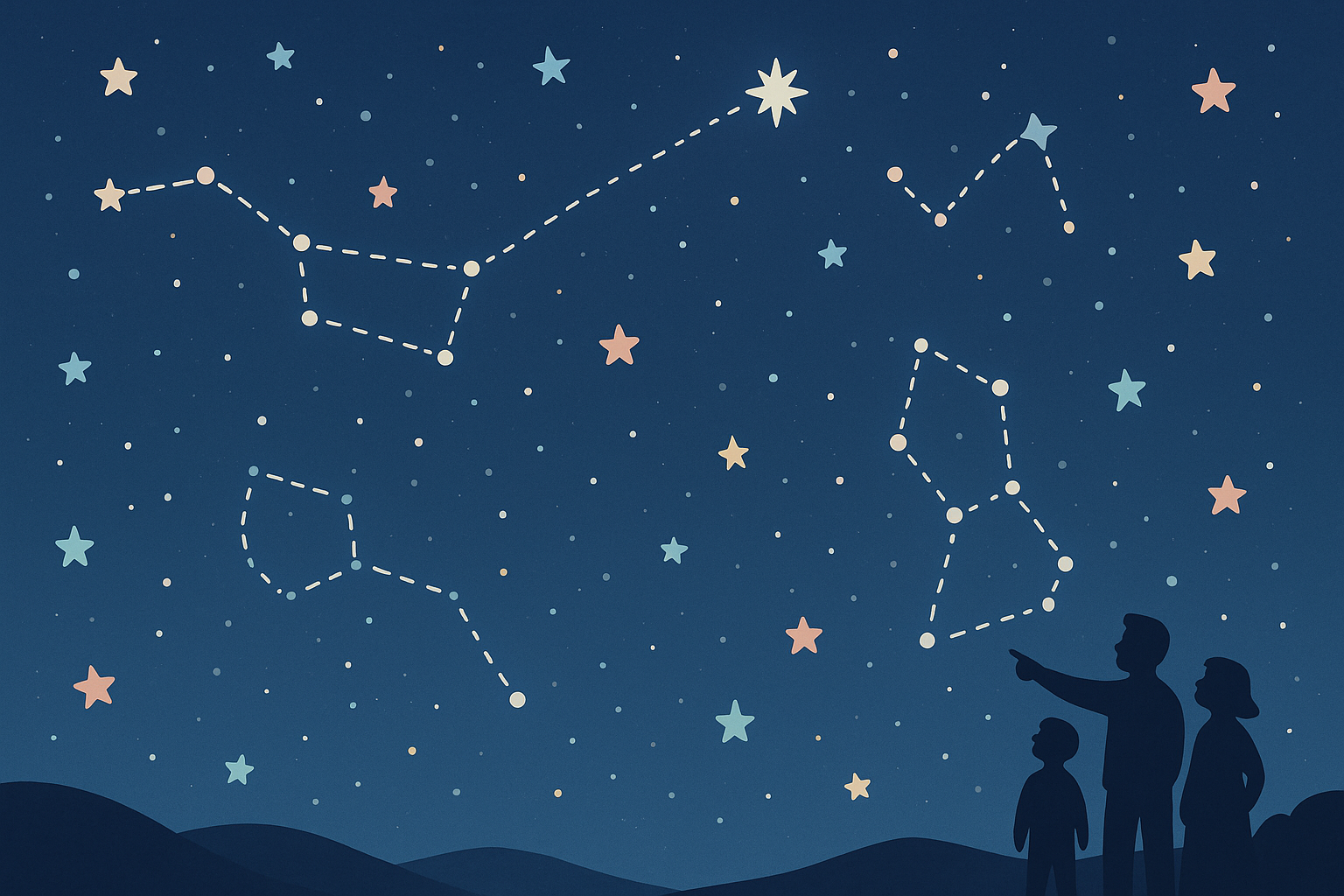 Famille observant la Grande Ourse, Cassiopée et Orion avec l’étoile Polaire